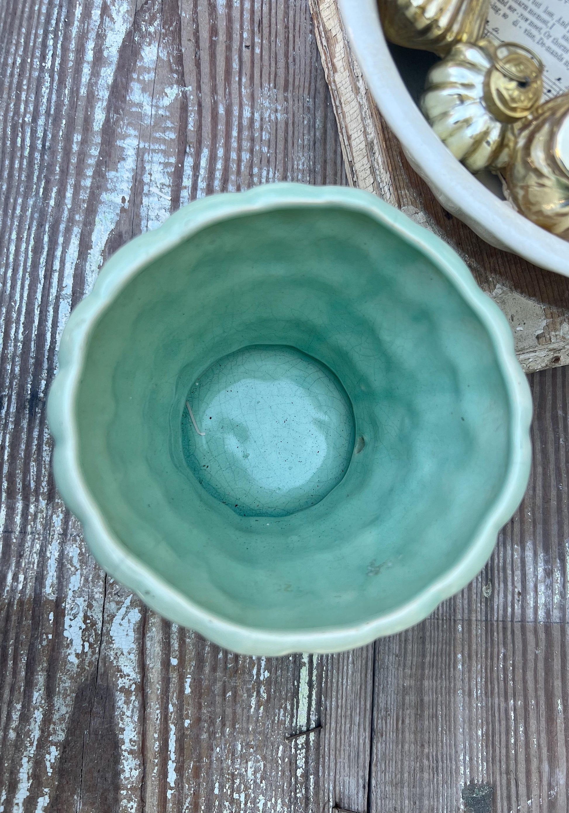 Antique GREEN BUBBLE Flower Pot With Saucer USA Planter Container Farmhouse Vintage Garden Decor Christmas