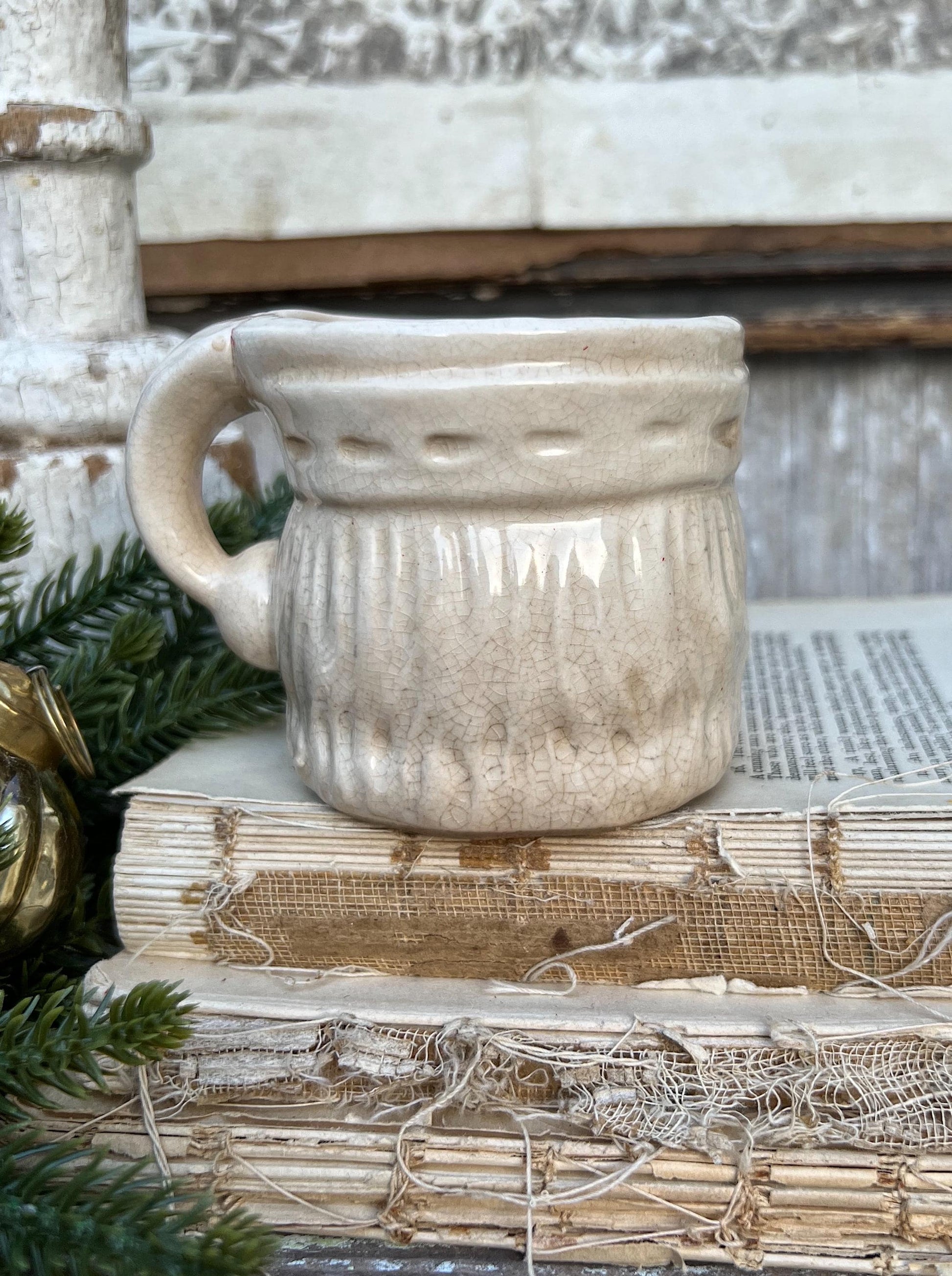 Vintage Ironstone Santa Claus Cup Mug FULL SIZE Creamy White Santa Farmhouse Christmas Decor RARE Japan Crazing Grungy Heavily Crazed