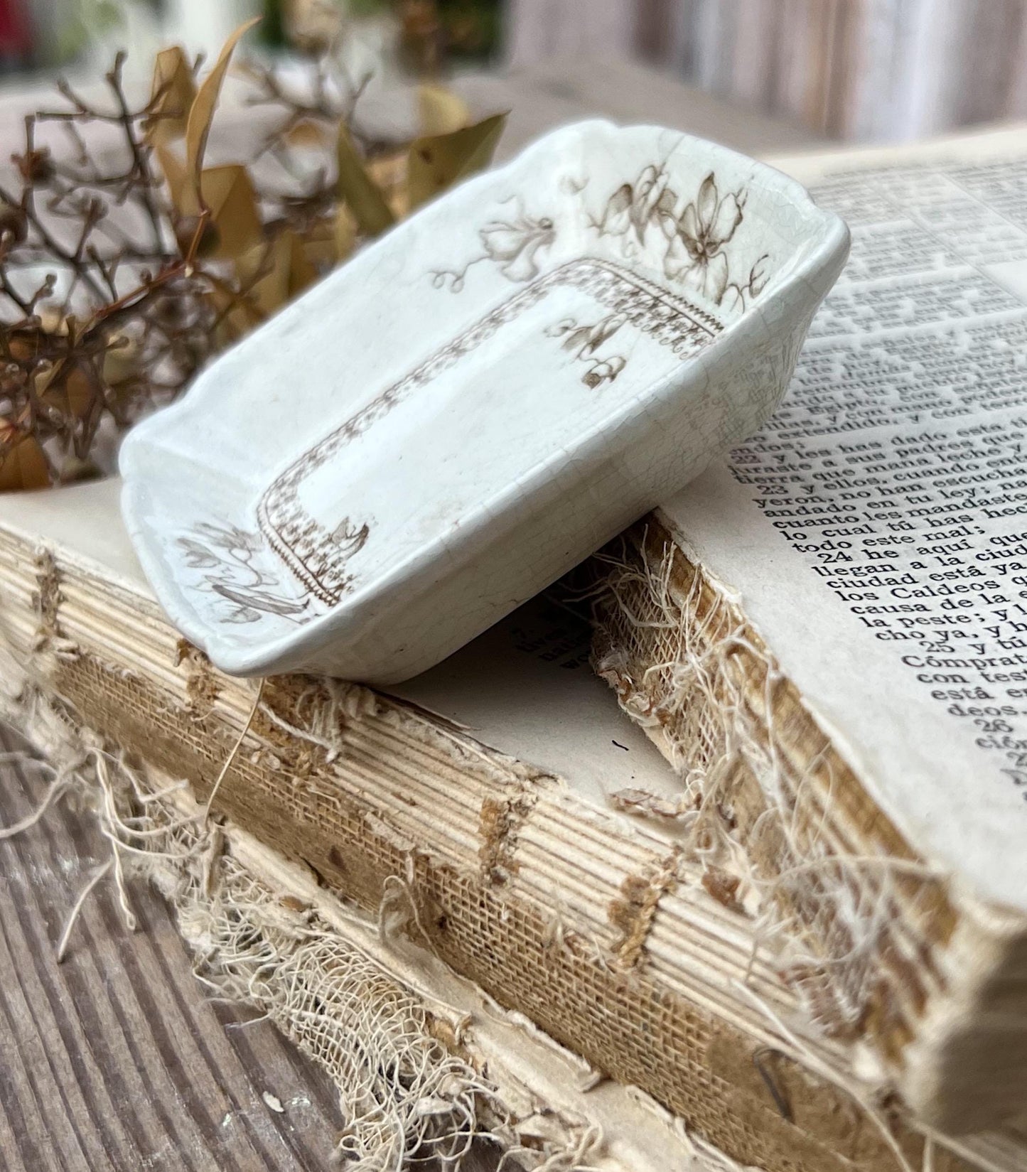 Antique SQUARE White Ironstone Butter Pat BROWN Transferware Floral Farmhouse Decor KENT