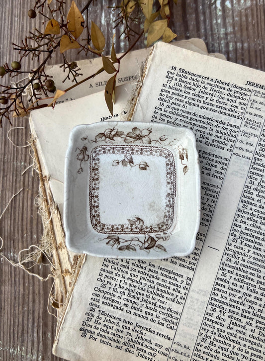 Antique SQUARE White Ironstone Butter Pat BROWN Transferware Floral Farmhouse Decor KENT