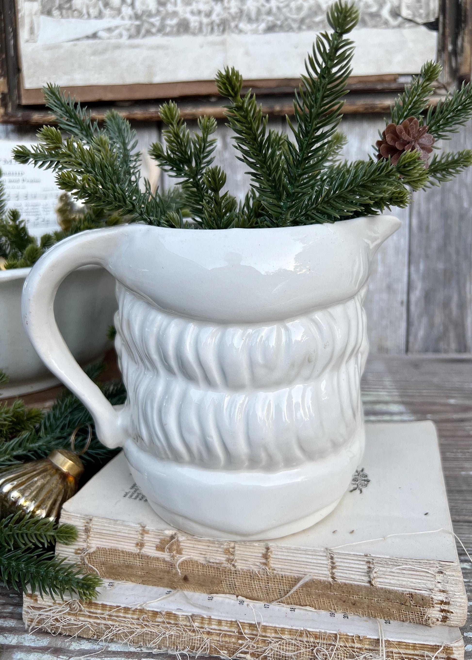 Vintage Ironstone Santa Claus PITCHER Tilso Japan White Christmas Decor Painted