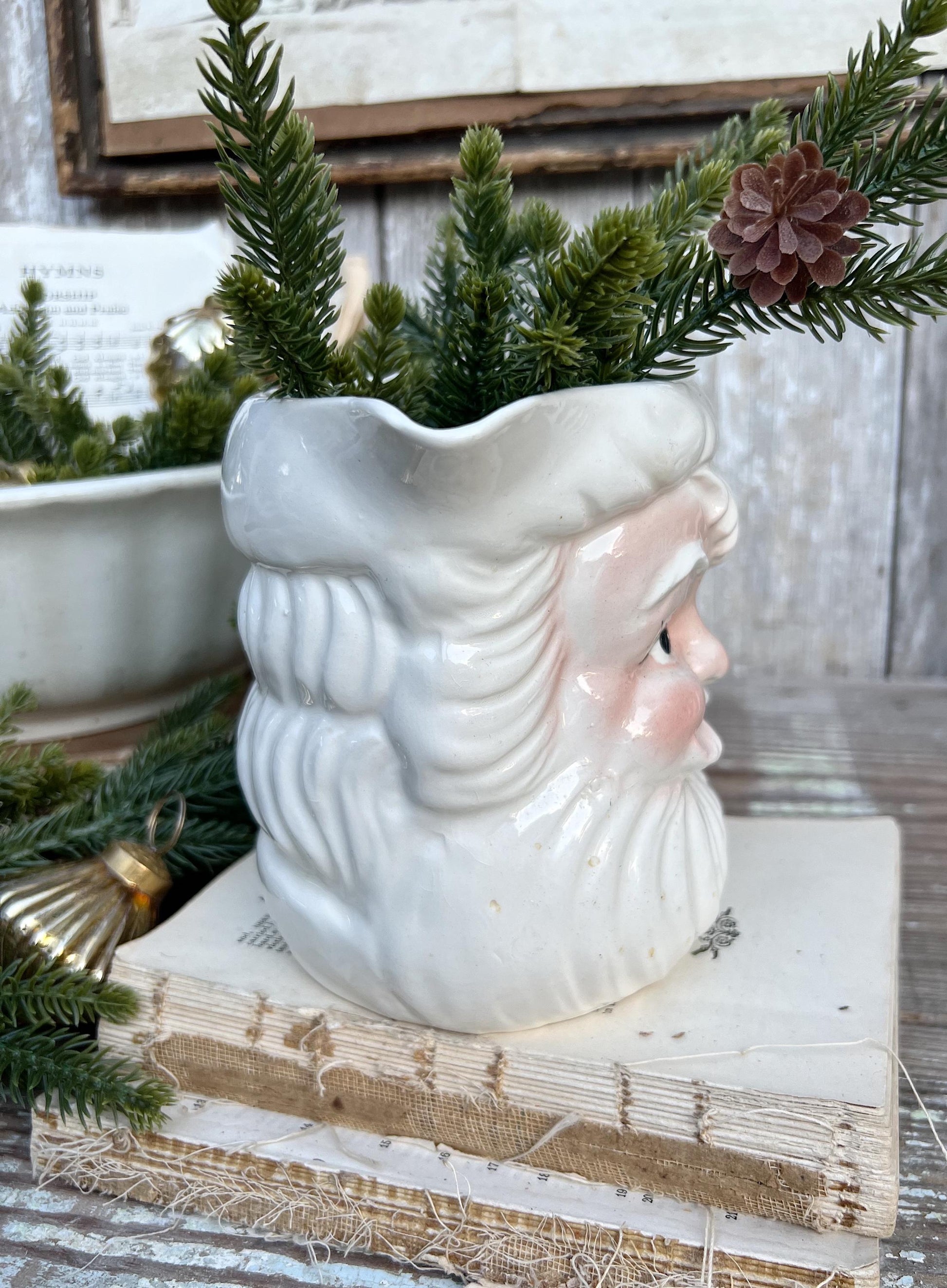 Vintage Ironstone Santa Claus PITCHER Tilso Japan White Christmas Decor Painted