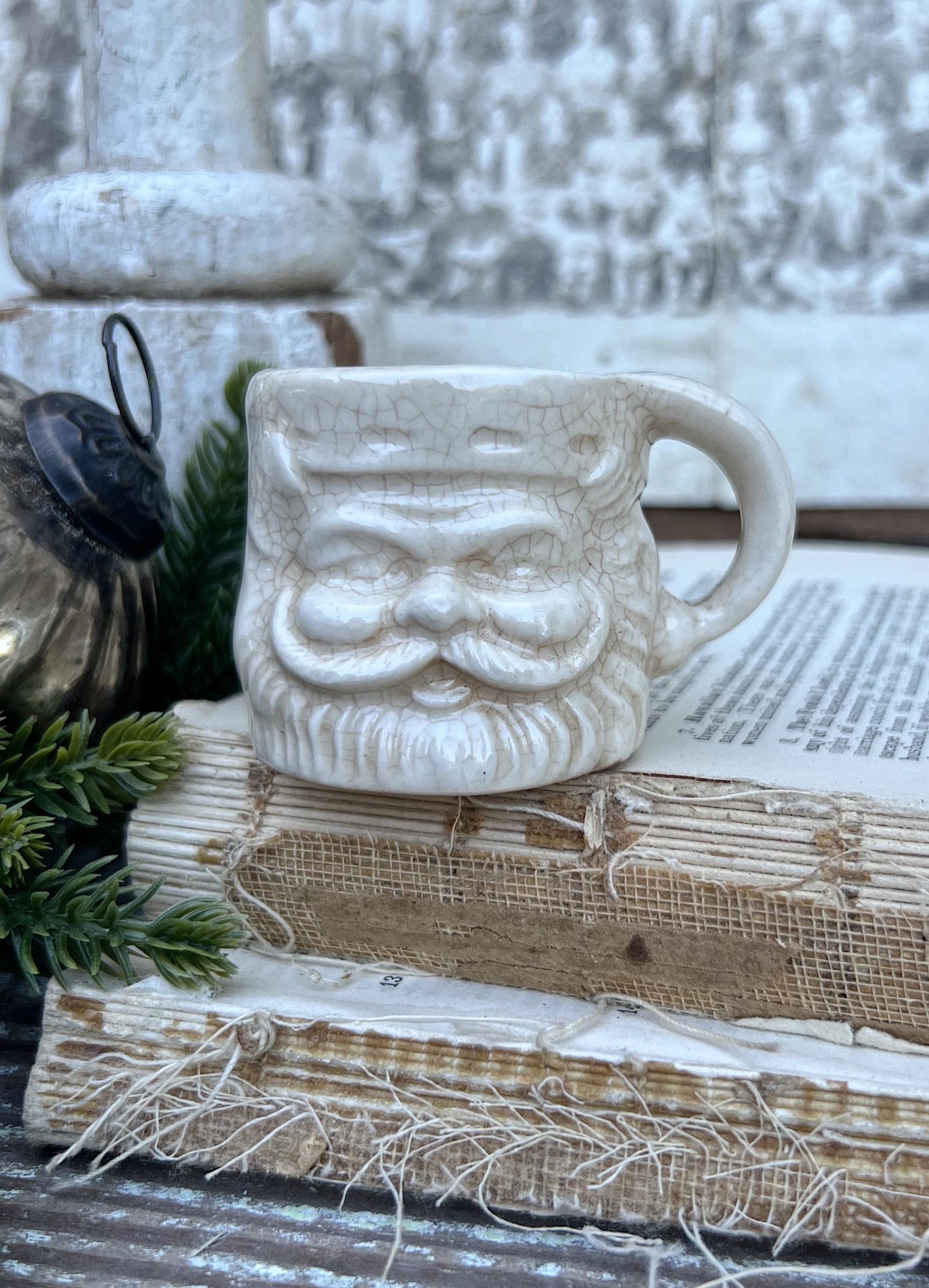 Vintage Ironstone Santa Claus Cup Mini Mug Santa Crazed Stained WHITE Farmhouse Christmas Decor JAPAN