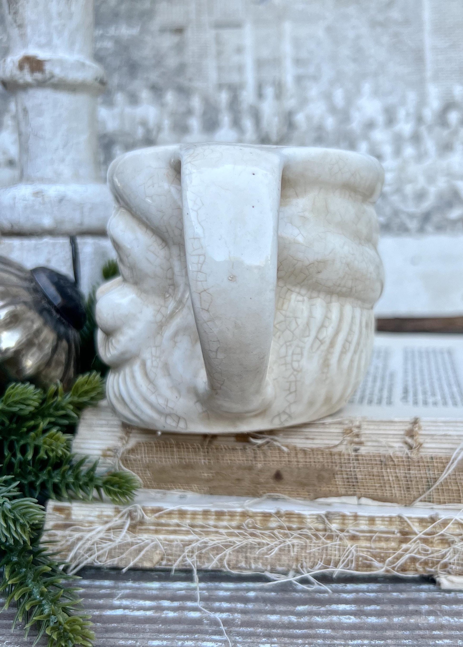 Vintage Ironstone Santa Claus Cup Mug FULL SIZE Creamy White Santa Farmhouse Christmas Decor RARE Japan Crazing Grungy Crazed