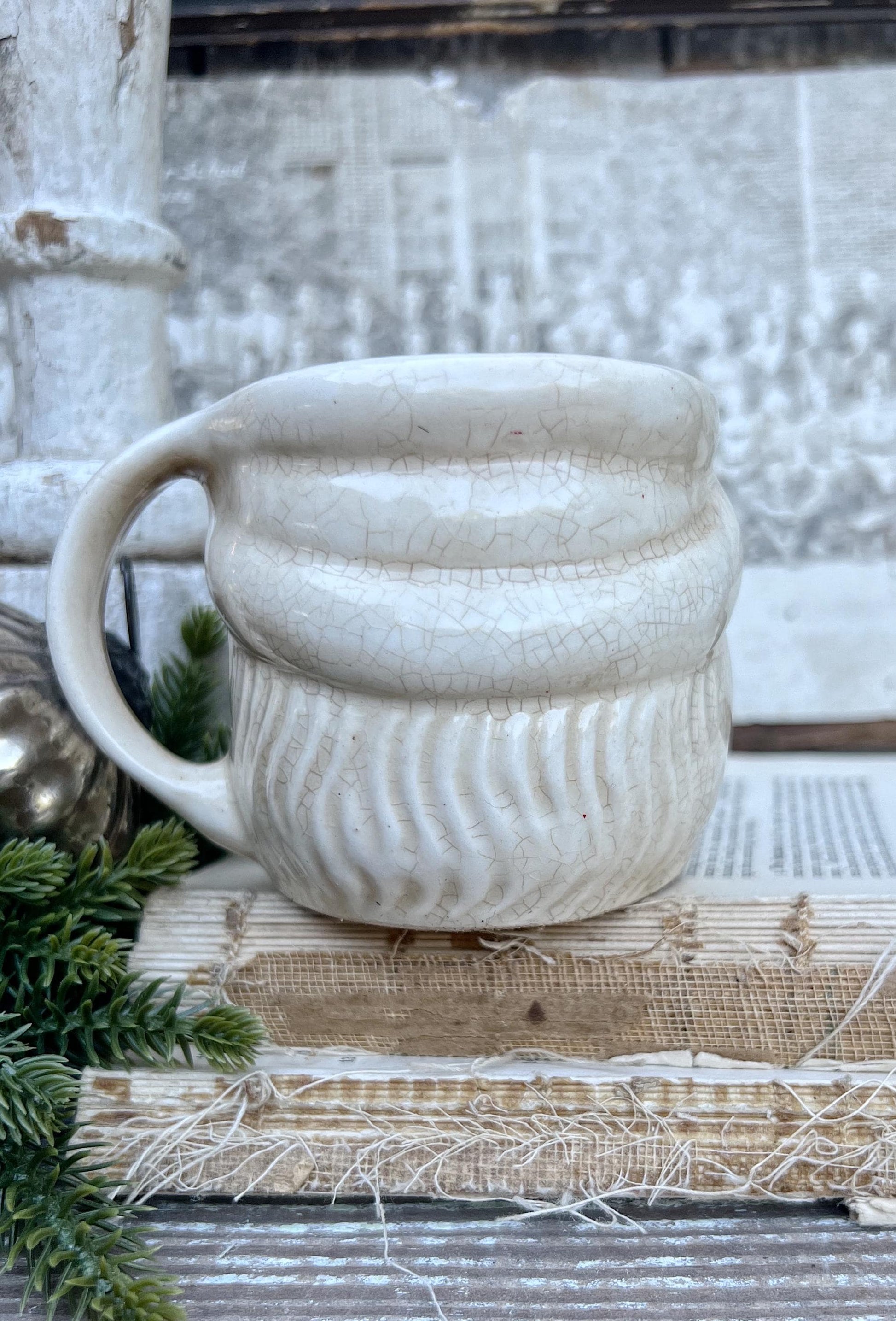 Vintage Ironstone Santa Claus Cup Mug FULL SIZE Creamy White Santa Farmhouse Christmas Decor RARE Japan Crazing Grungy Crazed