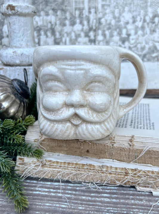 Vintage Ironstone Santa Claus Cup Mug FULL SIZE Creamy White Santa Farmhouse Christmas Decor RARE Japan Crazing Grungy Crazed