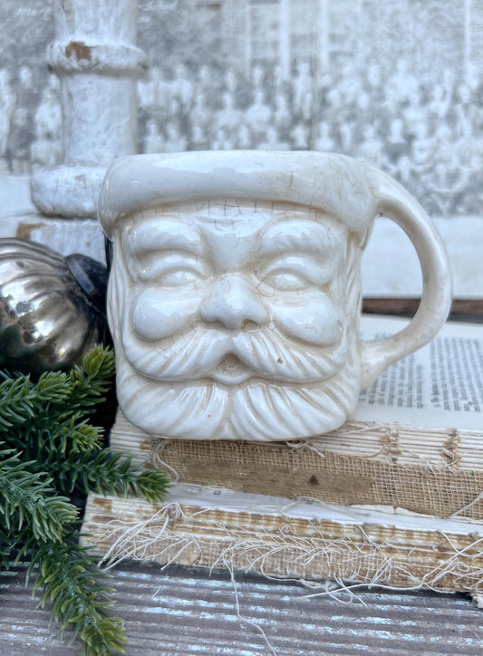 Vintage Ironstone Santa Claus Cup Mug FULL SIZE Creamy White Santa Farmhouse Christmas Decor RARE Japan Crazing Grungy Crazed