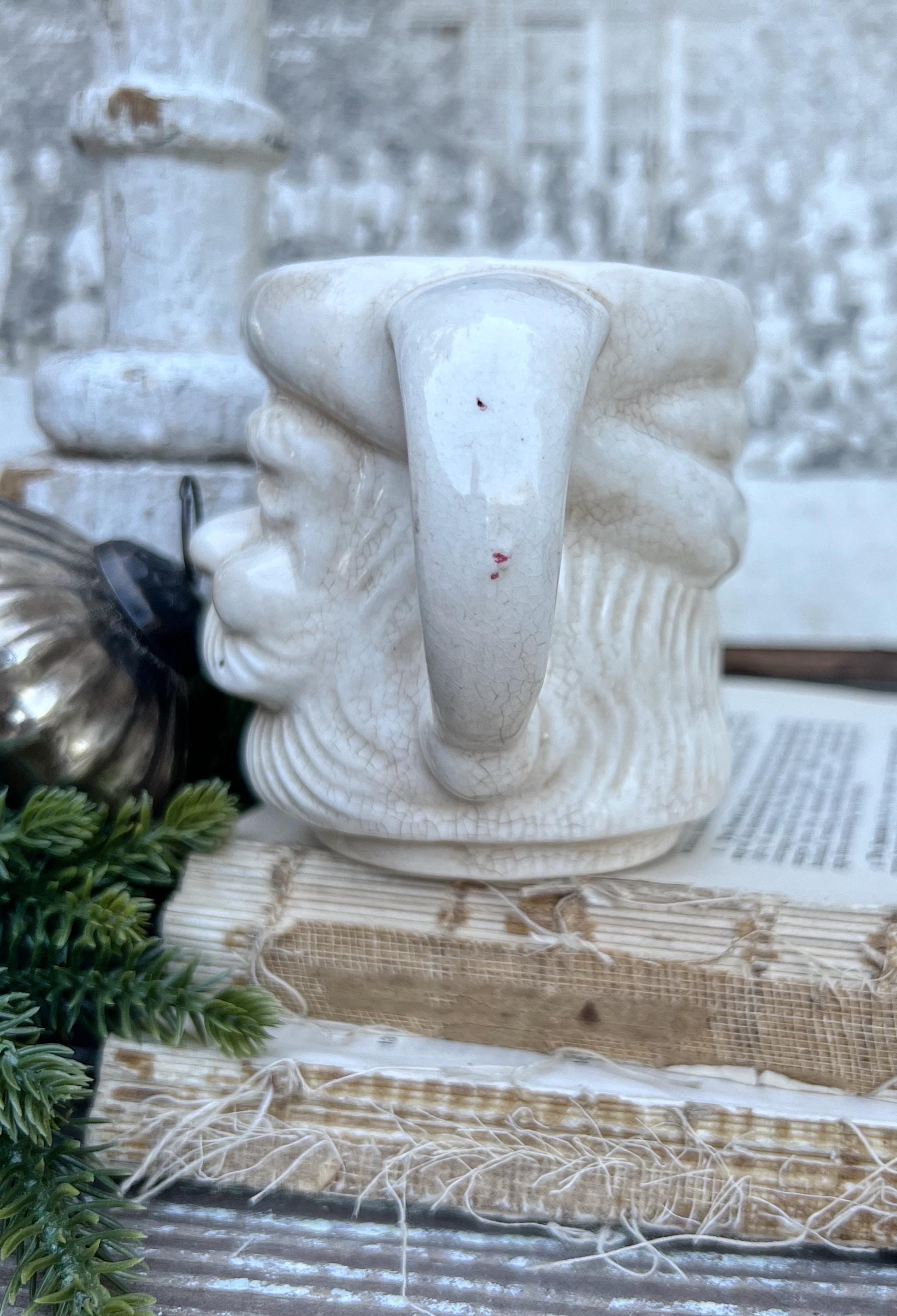 Vintage Ironstone Santa Claus Cup Mug FULL SIZE Creamy WHITE Santa Farmhouse Decor Stacking Footed Stackable Crazing Grungy Japan
