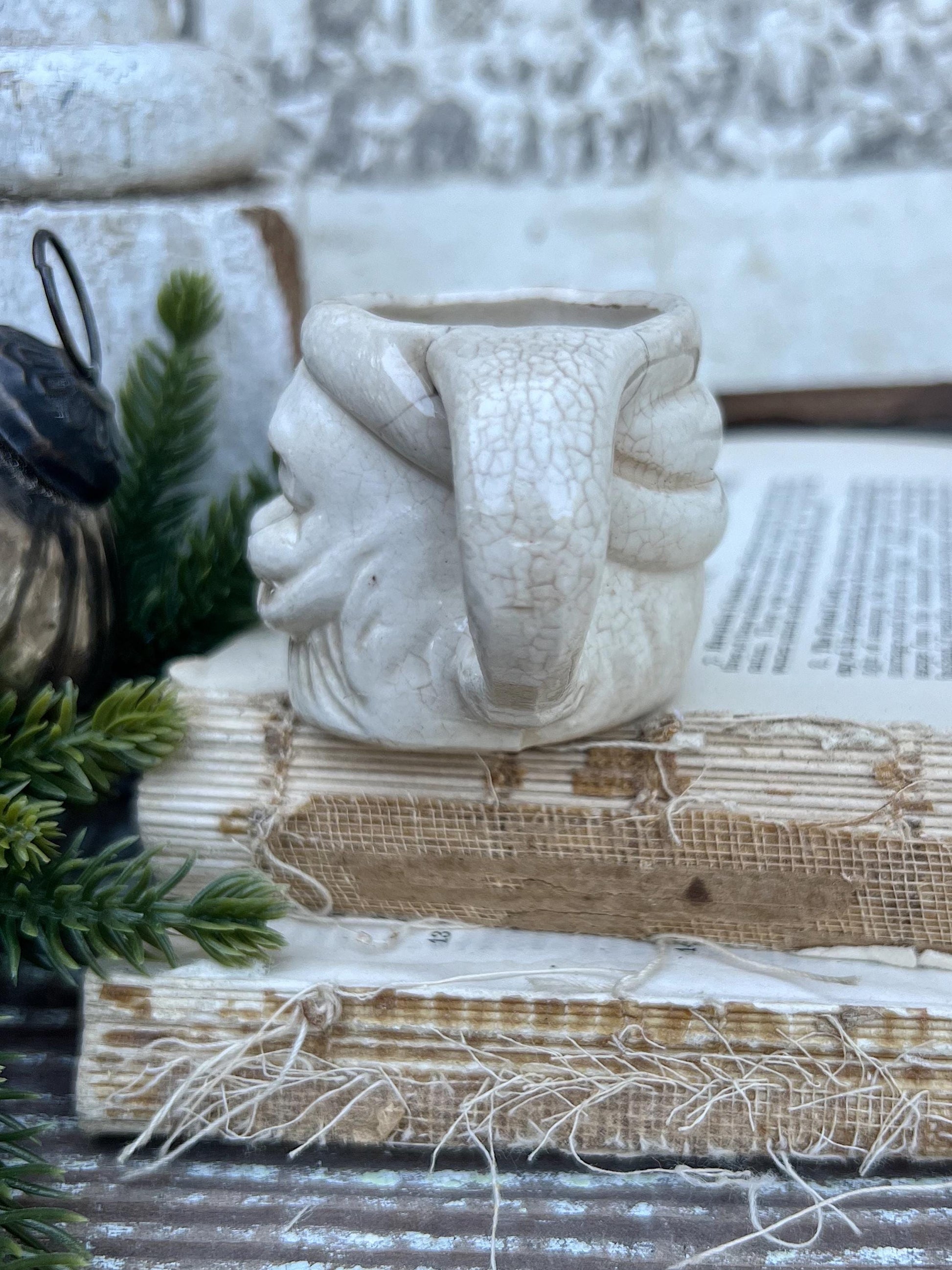 Vintage Ironstone Santa Claus Cup Mini Mug Santa Crazed Stained CREAMY WHITE Farmhouse Christmas Decor