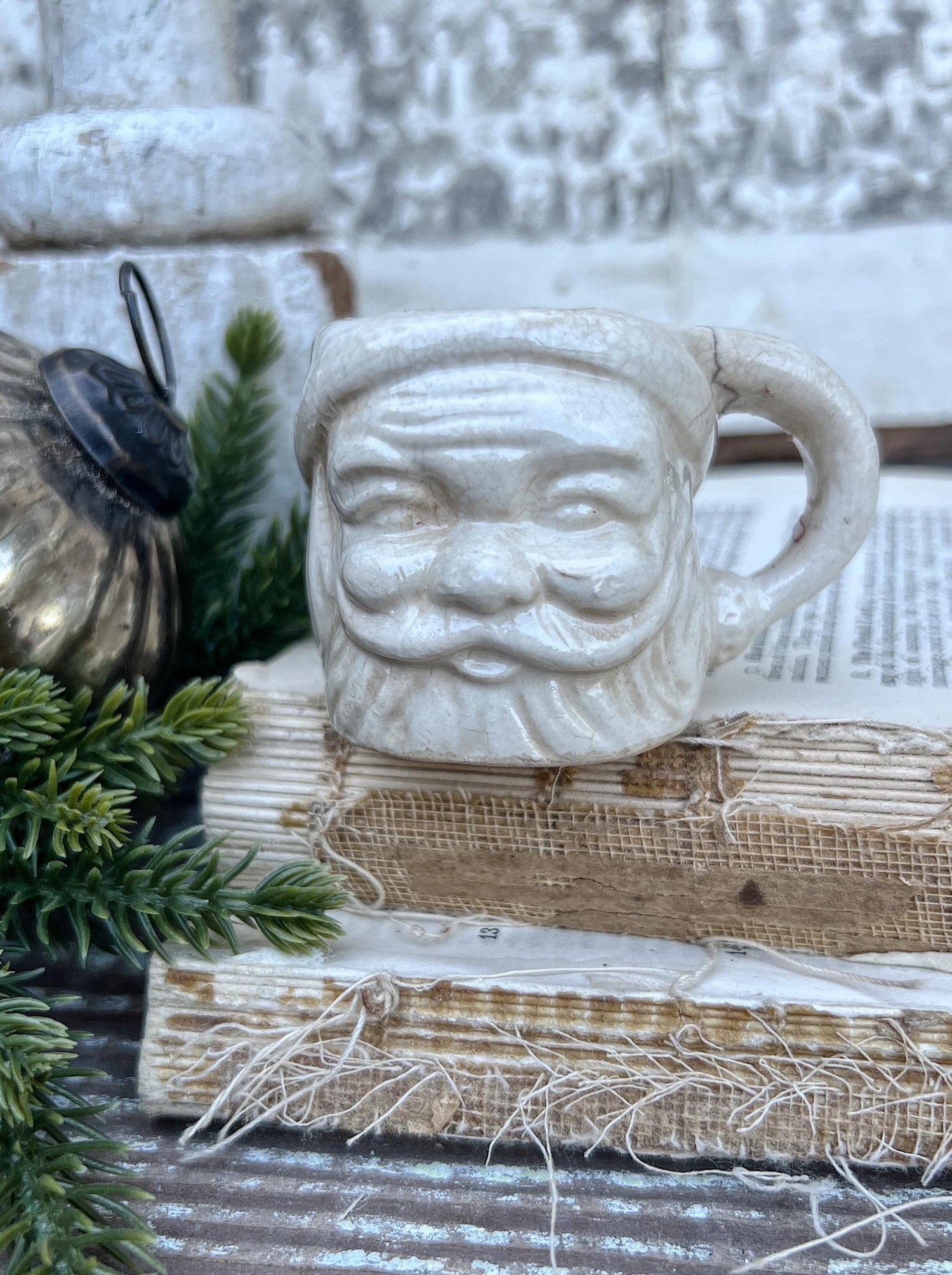 Vintage Ironstone Santa Claus Cup Mini Mug Santa Crazed Stained CREAMY WHITE Farmhouse Christmas Decor