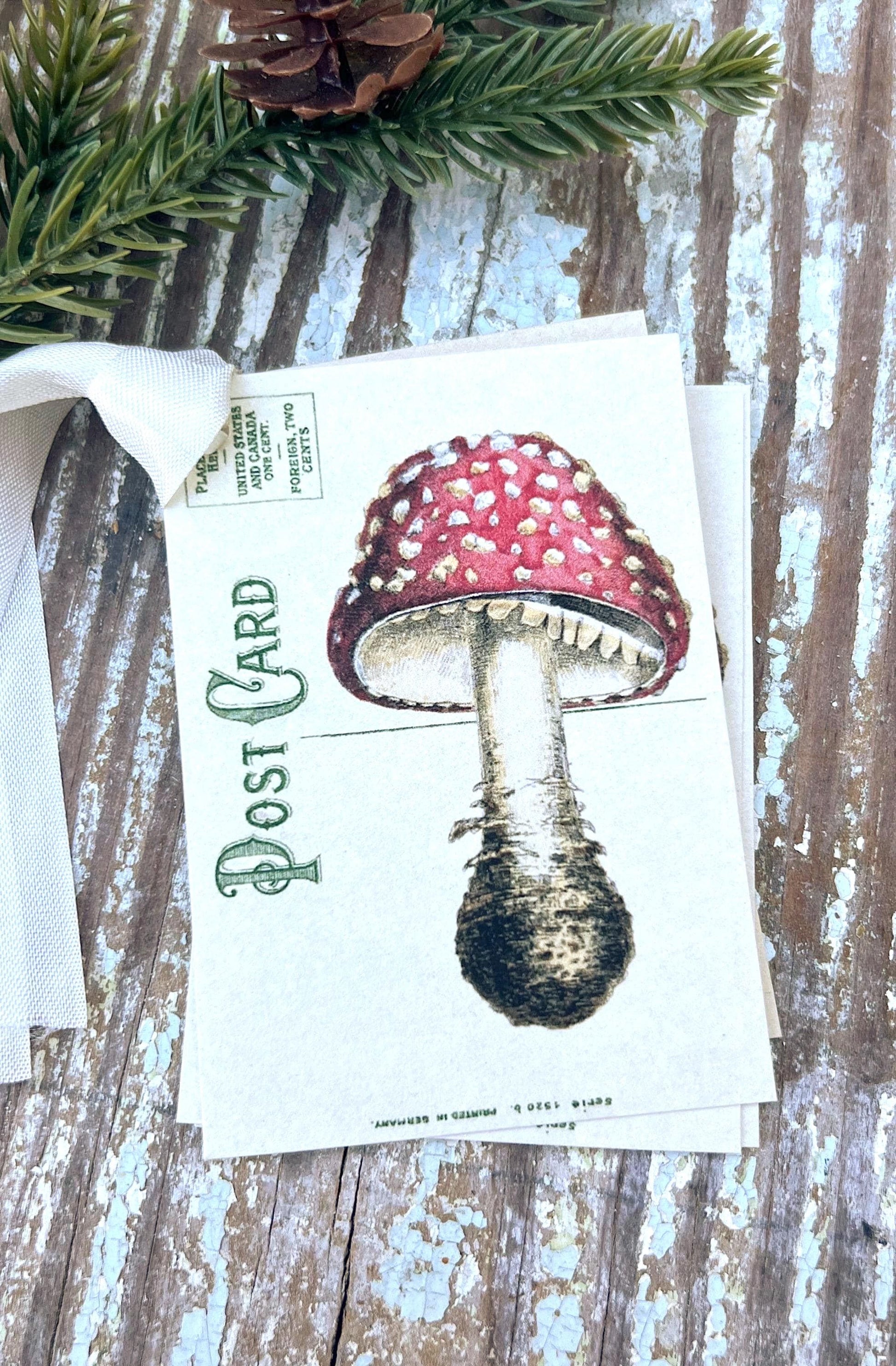 MUSHROOM Christmas Gift Tags Vintage POST CARD Red Farmhouse Decor Card French Shabby Gift Wrap Christmas Ornament