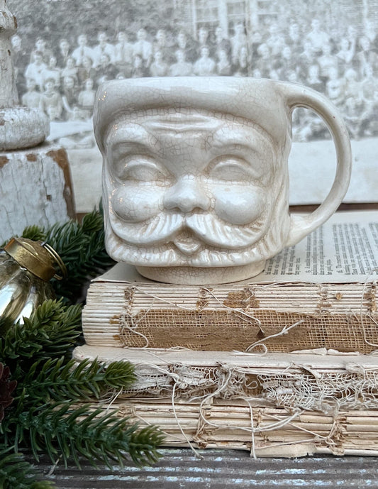 Vintage Ironstone Santa Claus Cup Mug FULL SIZE Creamy WHITE Santa Farmhouse Decor Stacking Footed Stackable Crazing Grungy Japan