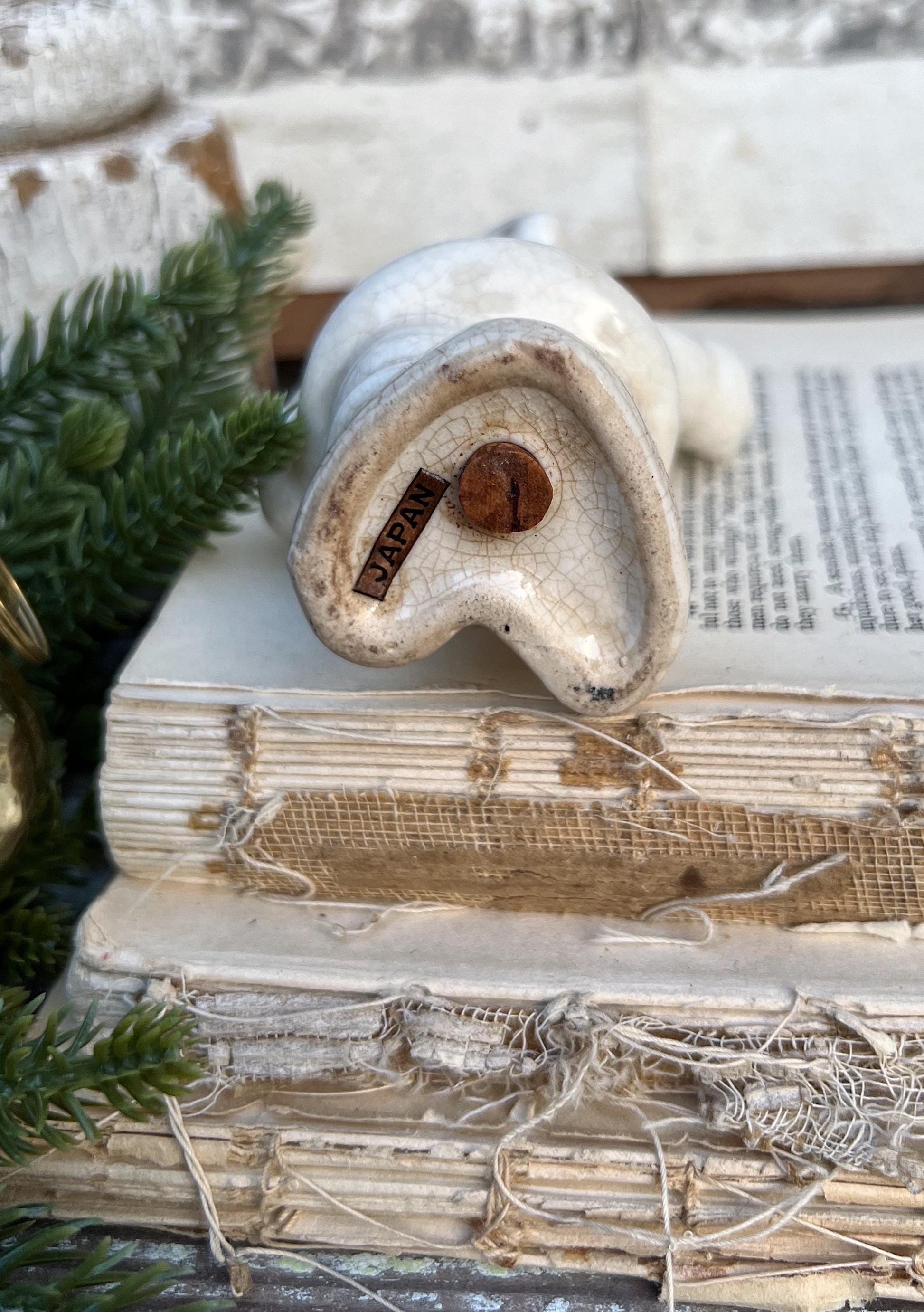 Vintage Ironstone Santa Claus Salt Shaker Creamy WHITE Farmhouse Christmas Decor Bell Stained Crazing