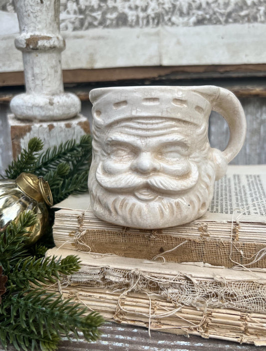 Vintage Ironstone Santa Claus Cup Mug FULL SIZE Creamy White Santa Farmhouse Christmas Decor RARE Japan Crazing Grungy Heavily Crazed