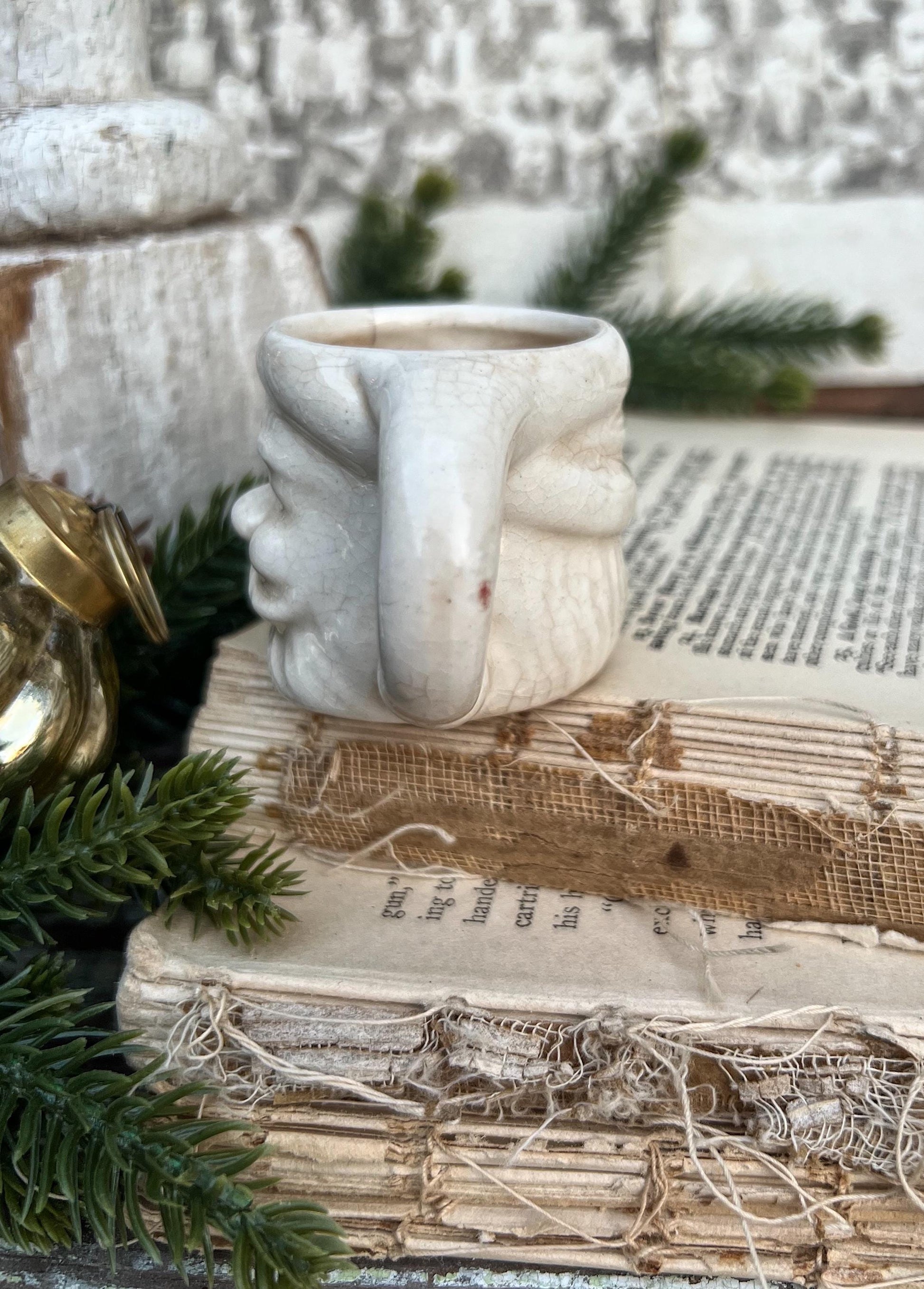 Vintage Ironstone Santa Claus Cup Mini Mug Santa Crazed Stained CREAMY WHITE Farmhouse Christmas Decor