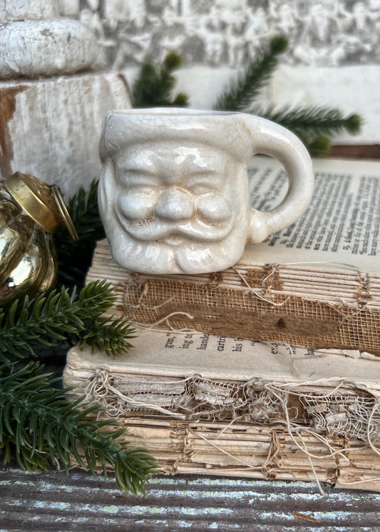 Vintage Ironstone Santa Claus Cup Mini Mug Santa Crazed Stained CREAMY WHITE Farmhouse Christmas Decor