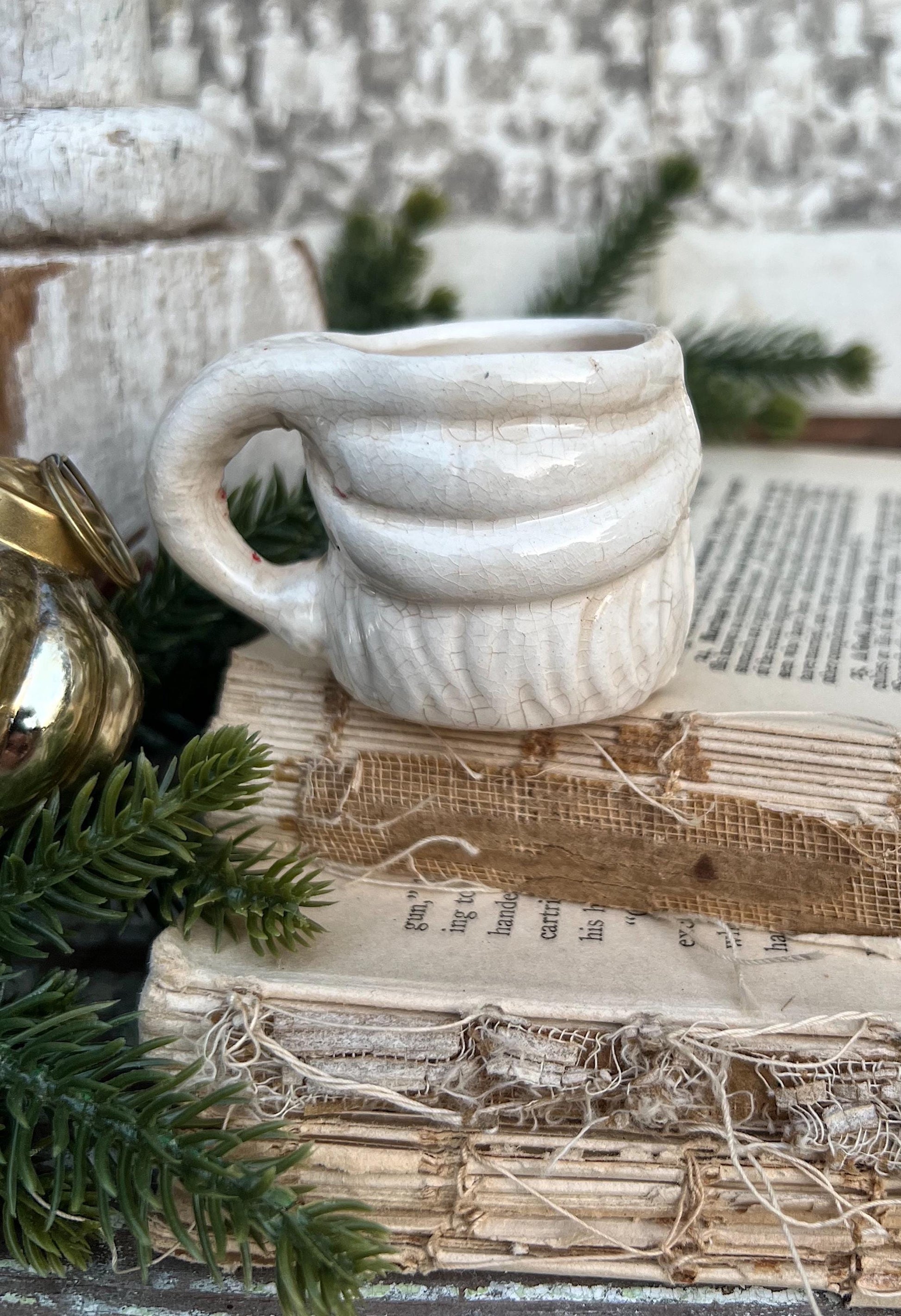 Vintage Ironstone Santa Claus Cup Mini Mug Santa Crazed Stained CREAMY WHITE Farmhouse Christmas Decor
