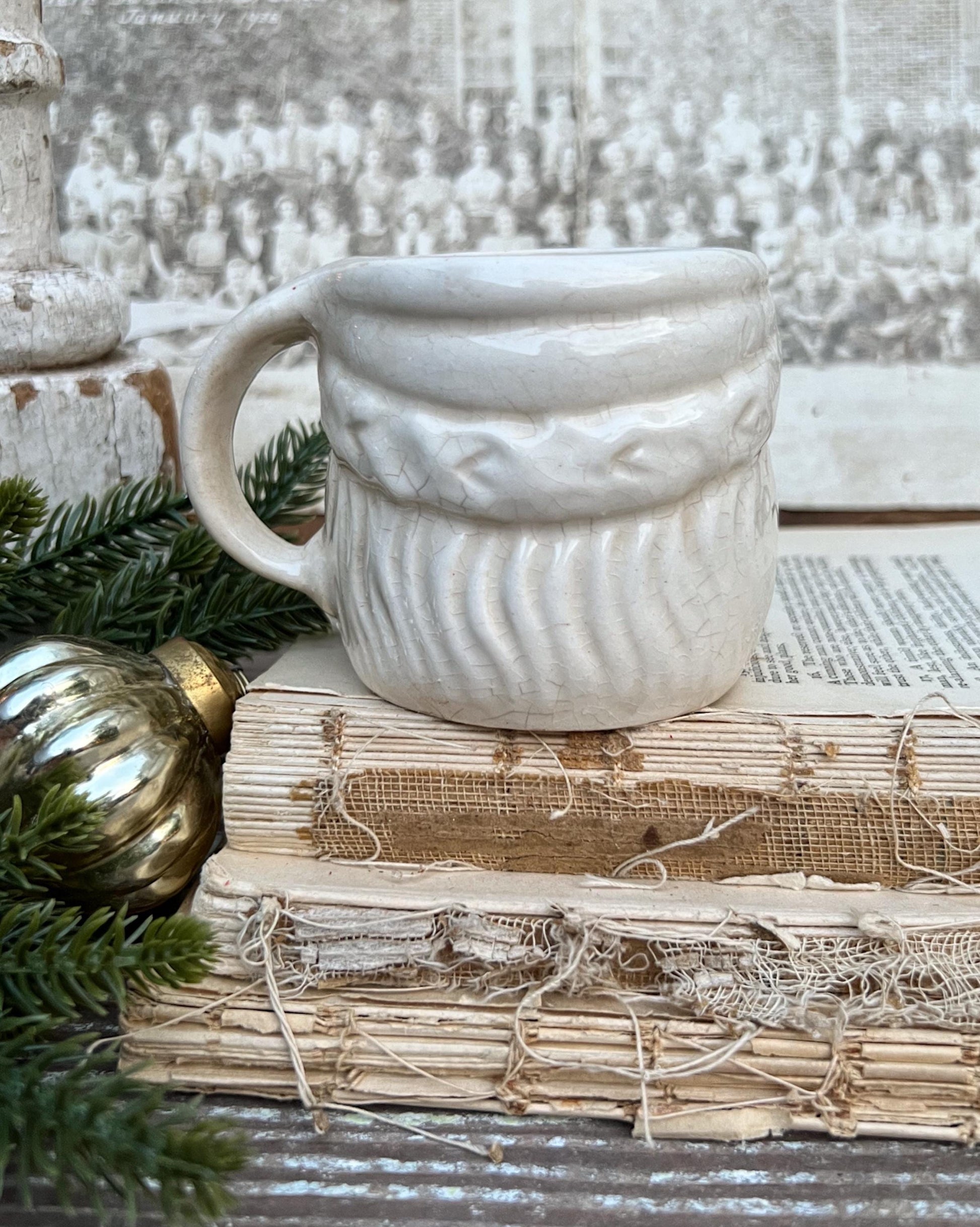 Vintage Ironstone Santa Claus Cup Mug FULL SIZE Creamy White Santa Farmhouse Christmas Decor RARE Japan Crazing Grungy Crazed