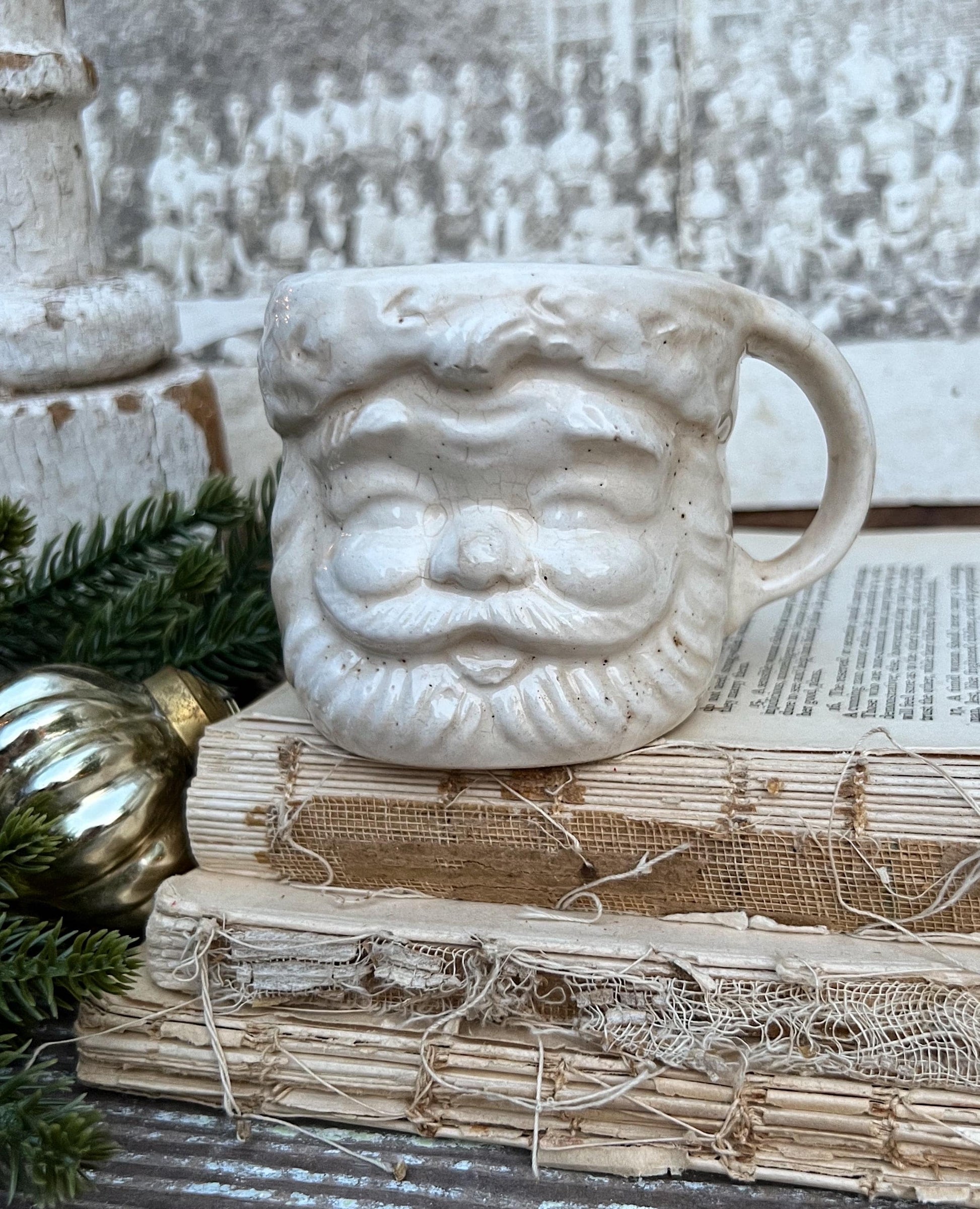 Vintage Ironstone Santa Claus Cup Mug FULL SIZE Creamy White Santa Farmhouse Christmas Decor RARE Japan Crazing Grungy Crazed