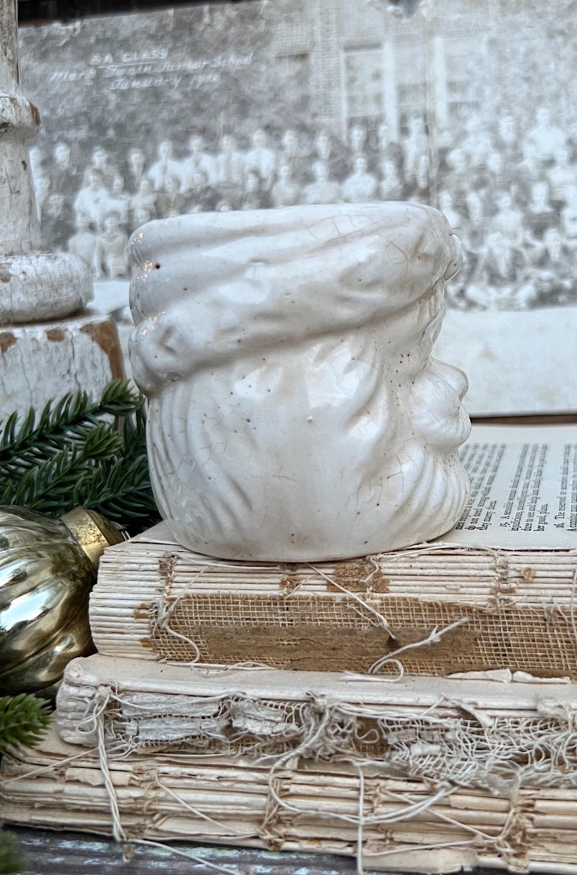 Vintage Ironstone Santa Claus Cup Mug FULL SIZE Creamy White Santa Farmhouse Christmas Decor RARE Japan Crazing Grungy Crazed