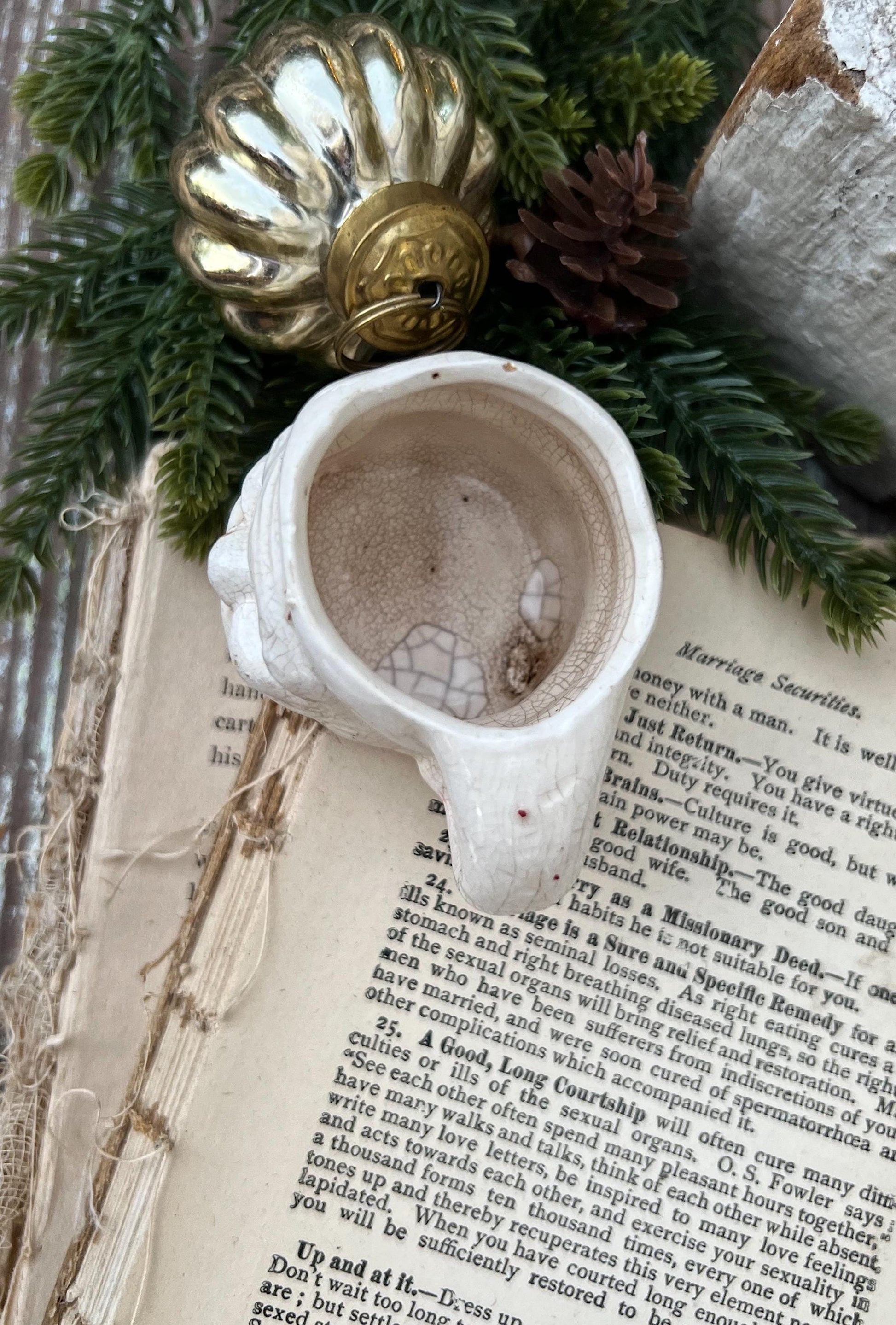Vintage Ironstone Santa Claus Cup Mini Mug Santa Crazed Stained CREAMY WHITE Farmhouse Christmas Decor