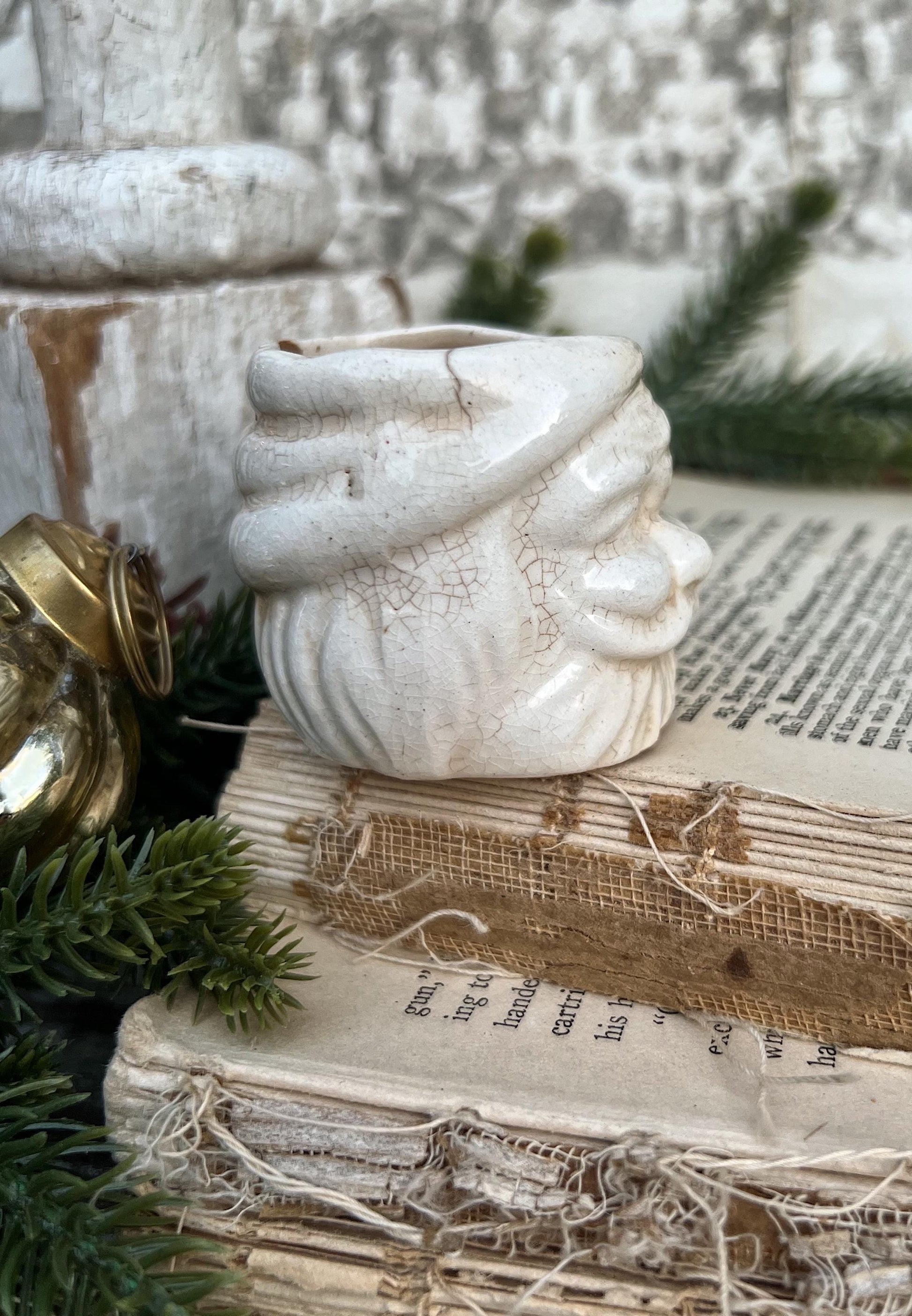Vintage Ironstone Santa Claus Cup Mini Mug Santa Crazed Stained CREAMY WHITE Farmhouse Christmas Decor
