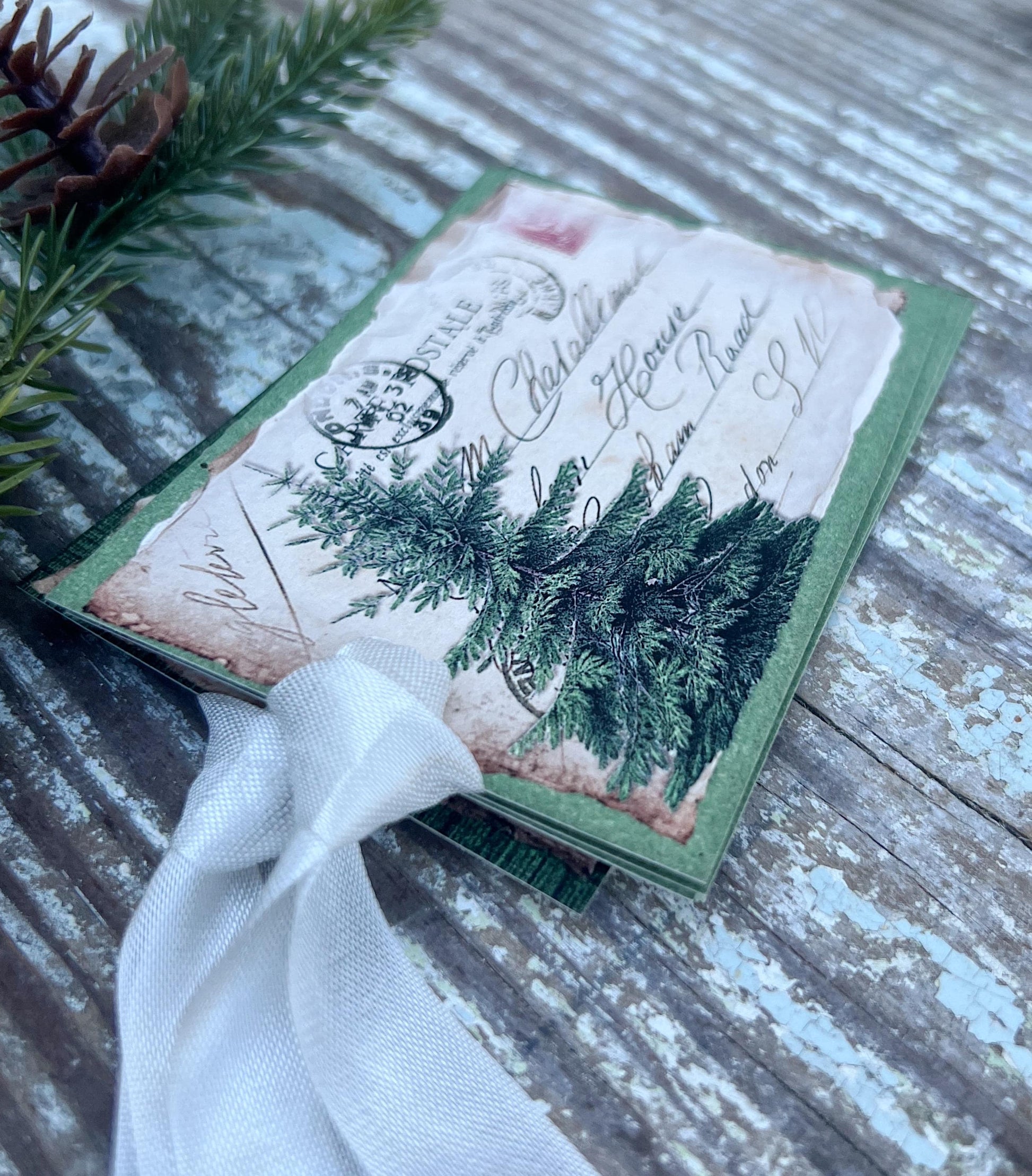 Pine TREE Christmas Gift Tags Vintage POST CARD Farmhouse Decor Card French Shabby Gift Wrap Christmas Tree Ornament