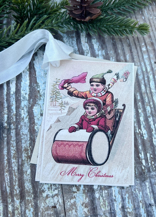 Christmas CHILDREN SLEDDING Merry Christmas Vintage Gift Tags Victorian Farmhouse Christmas Decor Card French Shabby Gift Wrap