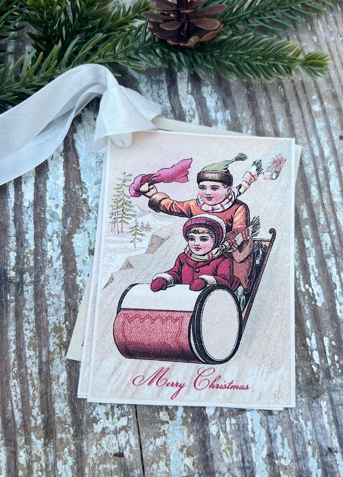 Christmas CHILDREN SLEDDING Merry Christmas Vintage Gift Tags Victorian Farmhouse Christmas Decor Card French Shabby Gift Wrap