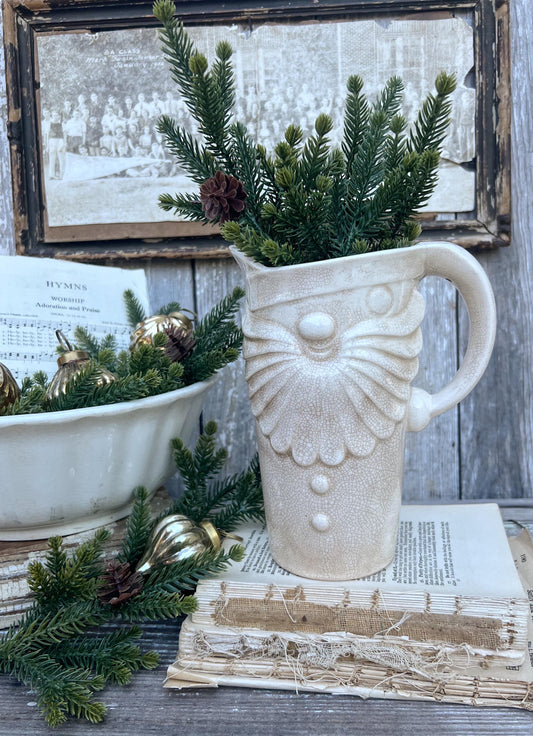 Vintage HOLT HOWARD 1959 Ironstone Santa Claus PITCHER Creamy White Santa Face Farmhouse Christmas Decor Rare Crazing Stained Large