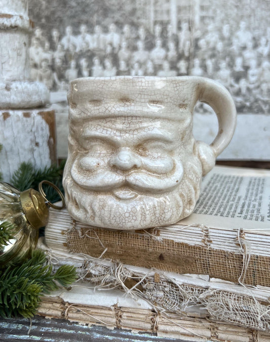 Vintage Ironstone Santa Claus Cup Mug FULL SIZE Creamy White Santa Farmhouse Christmas Decor RARE Japan Crazing Grungy Heavily Crazed