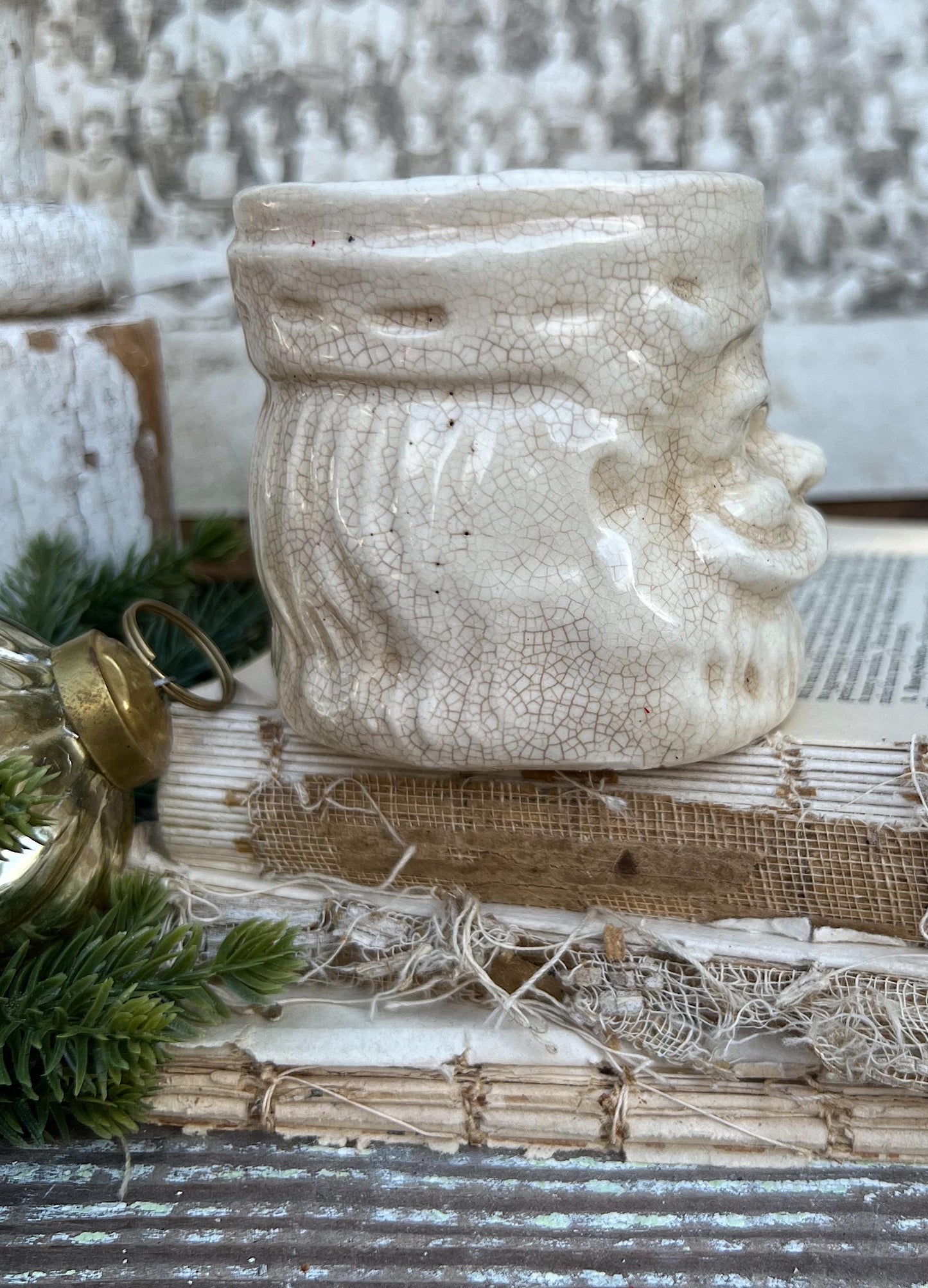 Vintage Ironstone Santa Claus Cup Mug FULL SIZE Creamy White Santa Farmhouse Christmas Decor RARE Japan Crazing Grungy Heavily Crazed