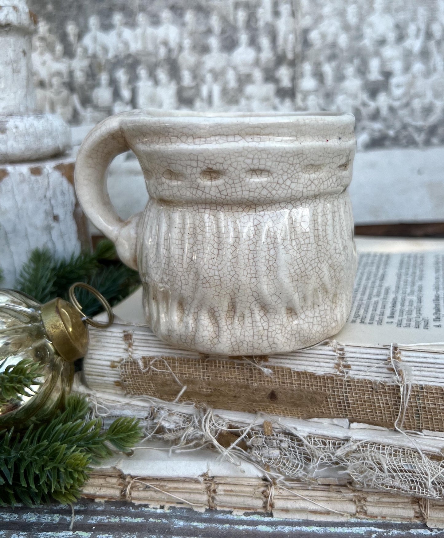 Vintage Ironstone Santa Claus Cup Mug FULL SIZE Creamy White Santa Farmhouse Christmas Decor RARE Japan Crazing Grungy Heavily Crazed