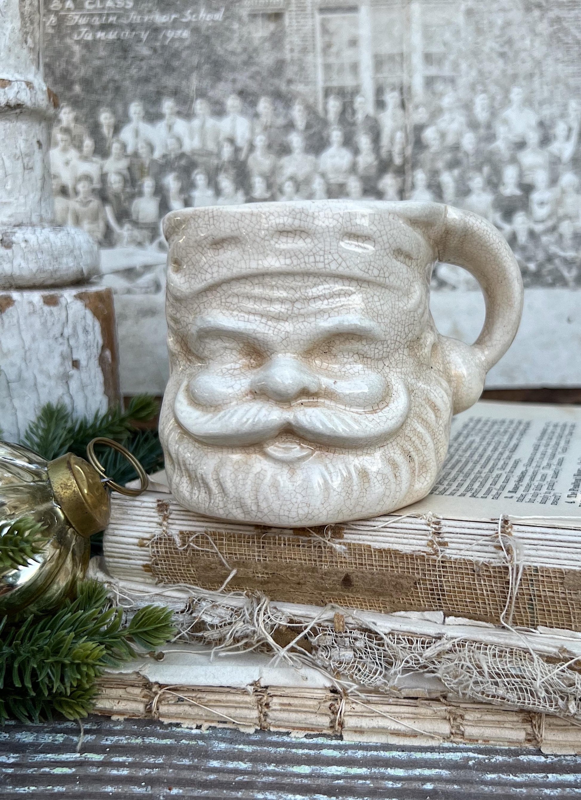 Vintage Ironstone Santa Claus Cup Mug FULL SIZE Creamy White Santa Farmhouse Christmas Decor RARE Japan Crazing Grungy Heavily Crazed