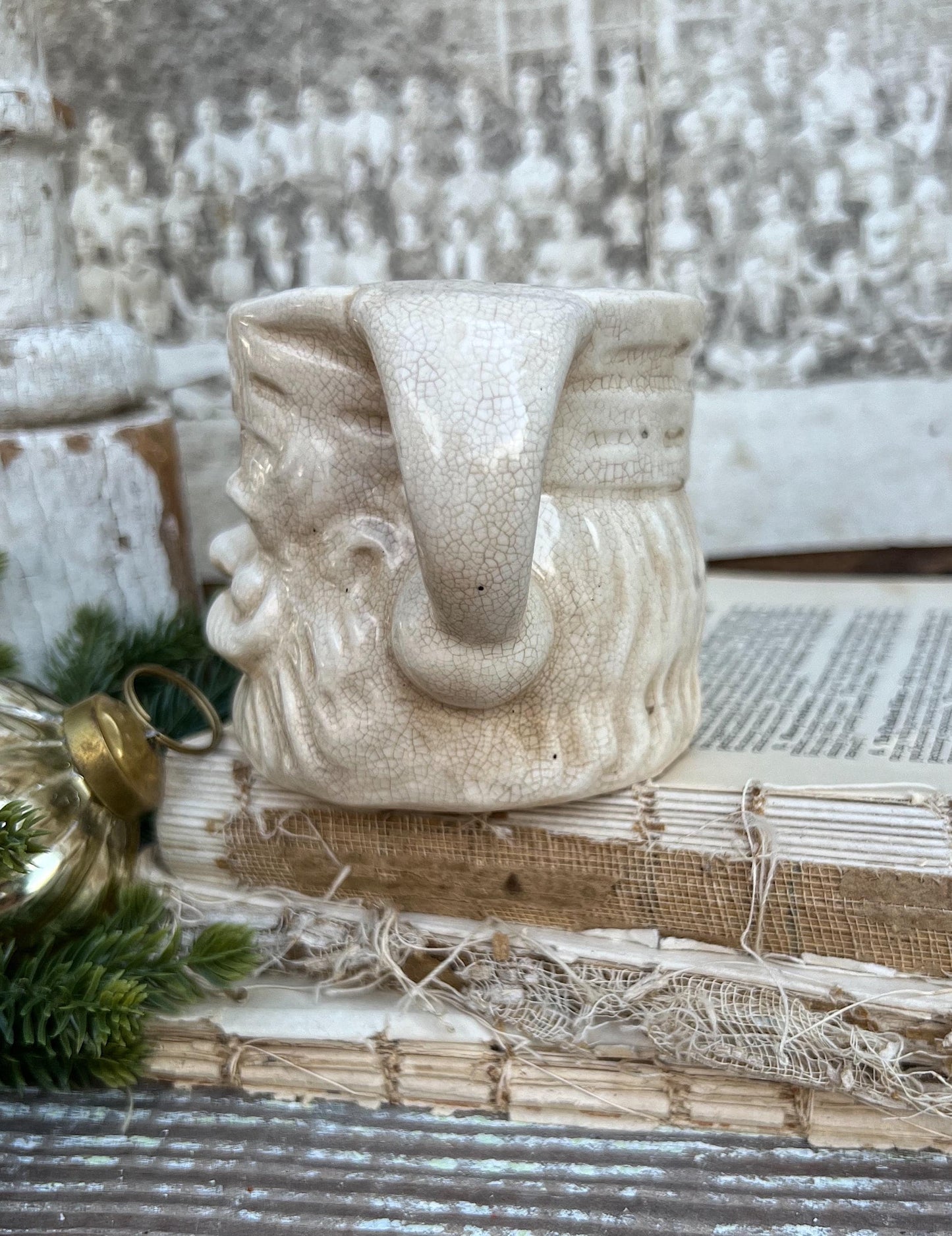 Vintage Ironstone Santa Claus Cup Mug FULL SIZE Creamy White Santa Farmhouse Christmas Decor RARE Japan Crazing Grungy Heavily Crazed