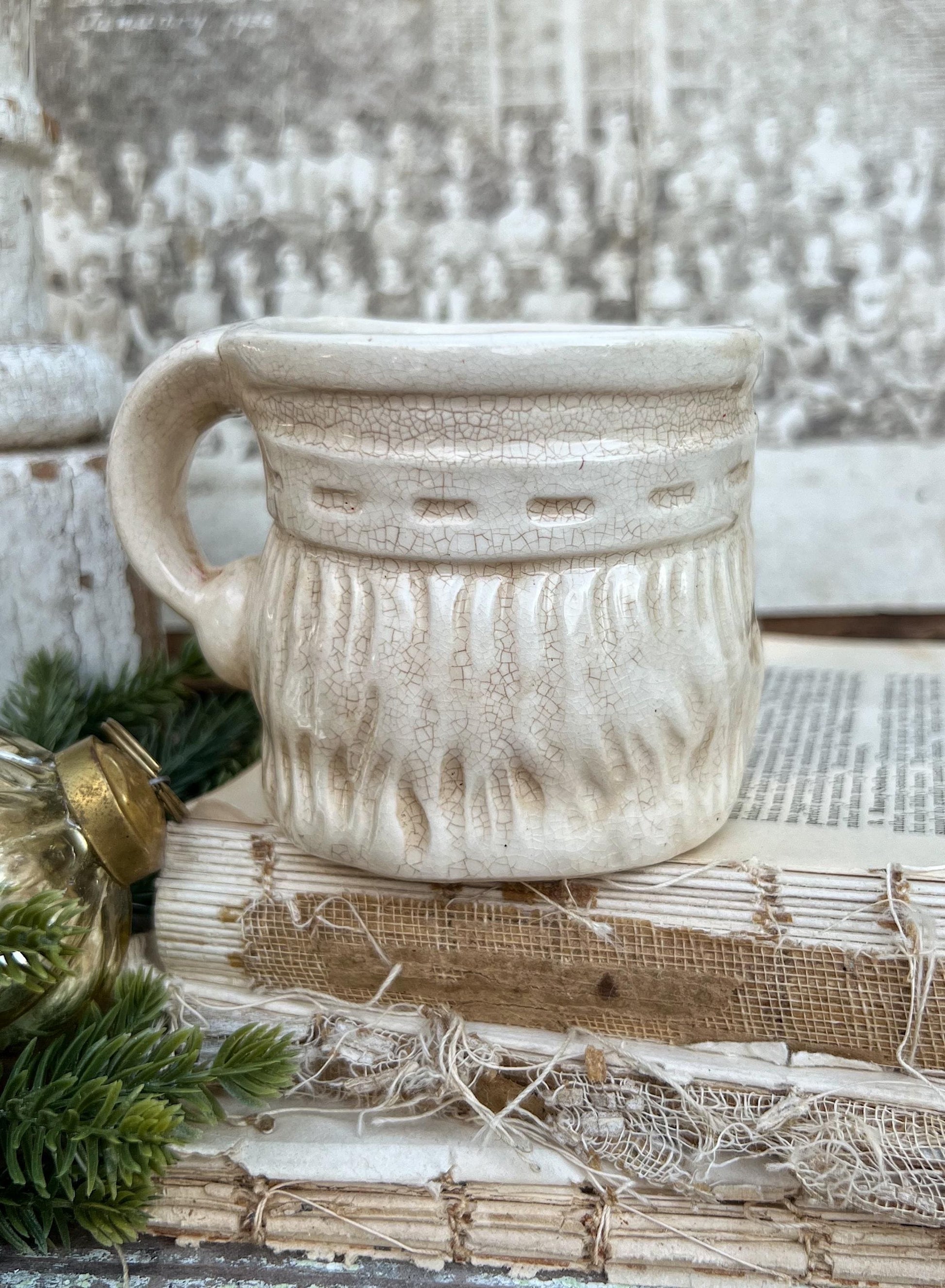 Vintage Ironstone Santa Claus Cup Mug FULL SIZE Creamy White Santa Farmhouse Christmas Decor RARE Japan Crazing Grungy Heavily Crazed