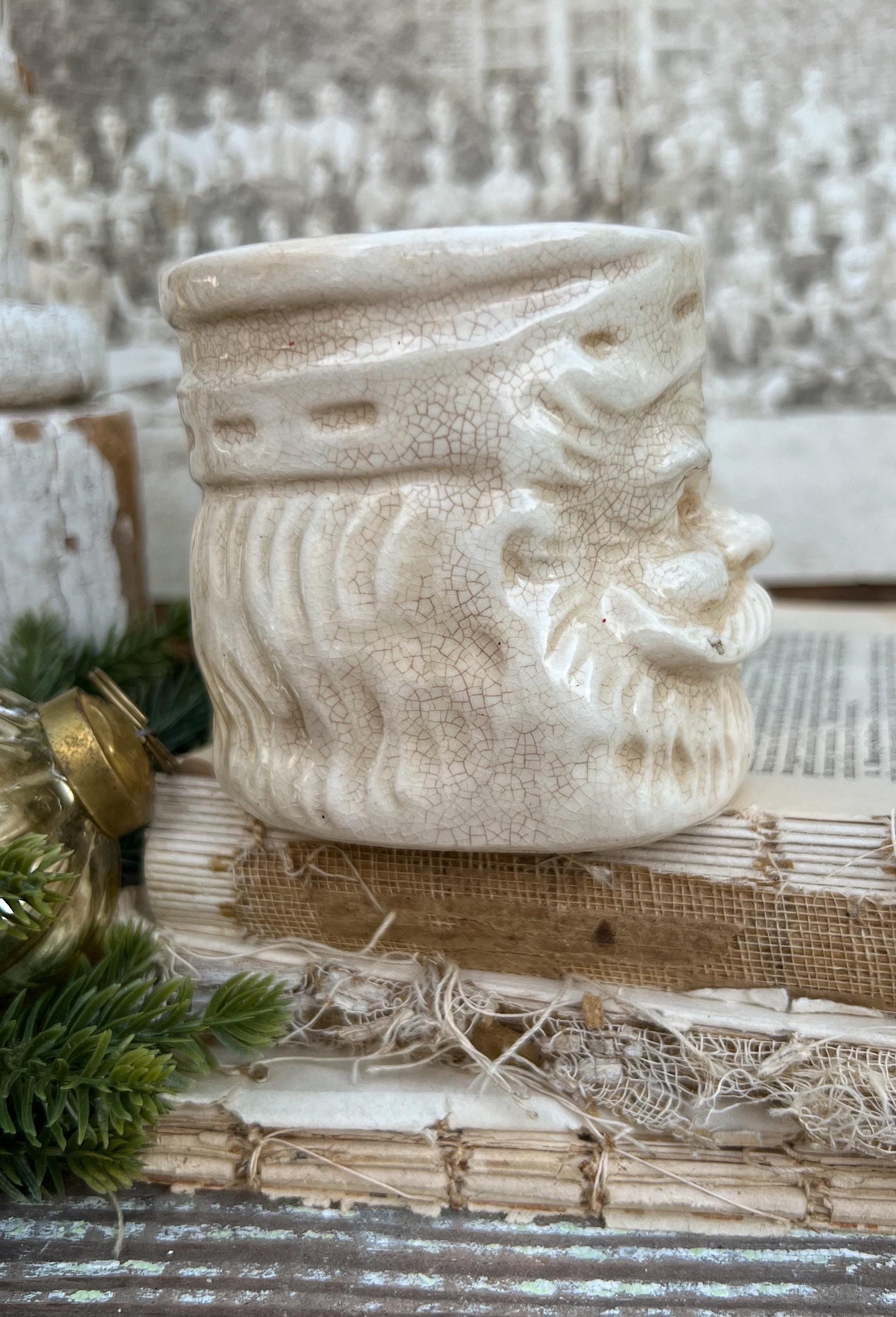 Vintage Ironstone Santa Claus Cup Mug FULL SIZE Creamy White Santa Farmhouse Christmas Decor RARE Japan Crazing Grungy Heavily Crazed