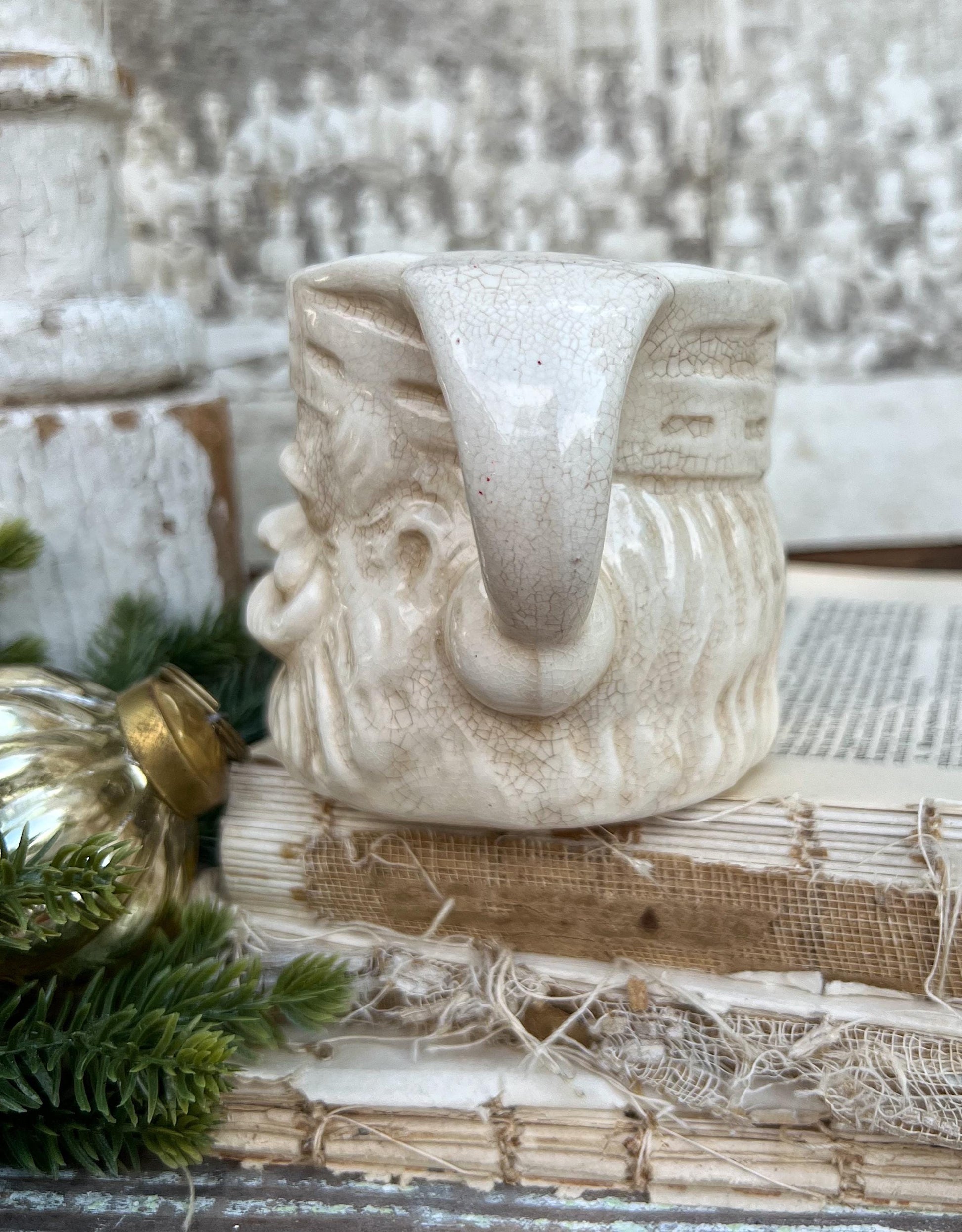 Vintage Ironstone Santa Claus Cup Mug FULL SIZE Creamy White Santa Farmhouse Christmas Decor RARE Japan Crazing Grungy Heavily Crazed