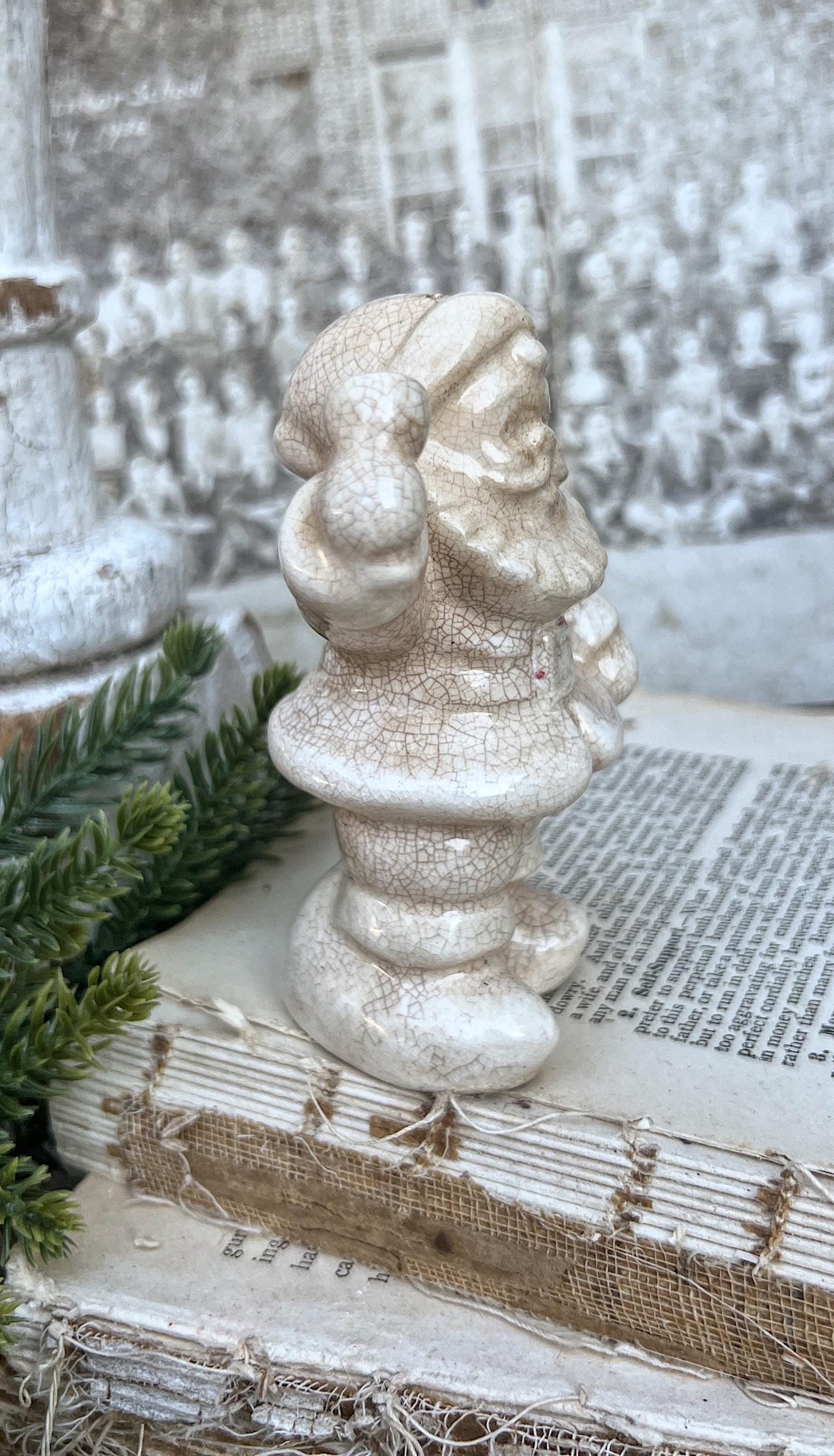 Vintage Ironstone Santa Claus Salt Shaker Creamy WHITE Farmhouse Christmas Decor Bell Stained Crazing