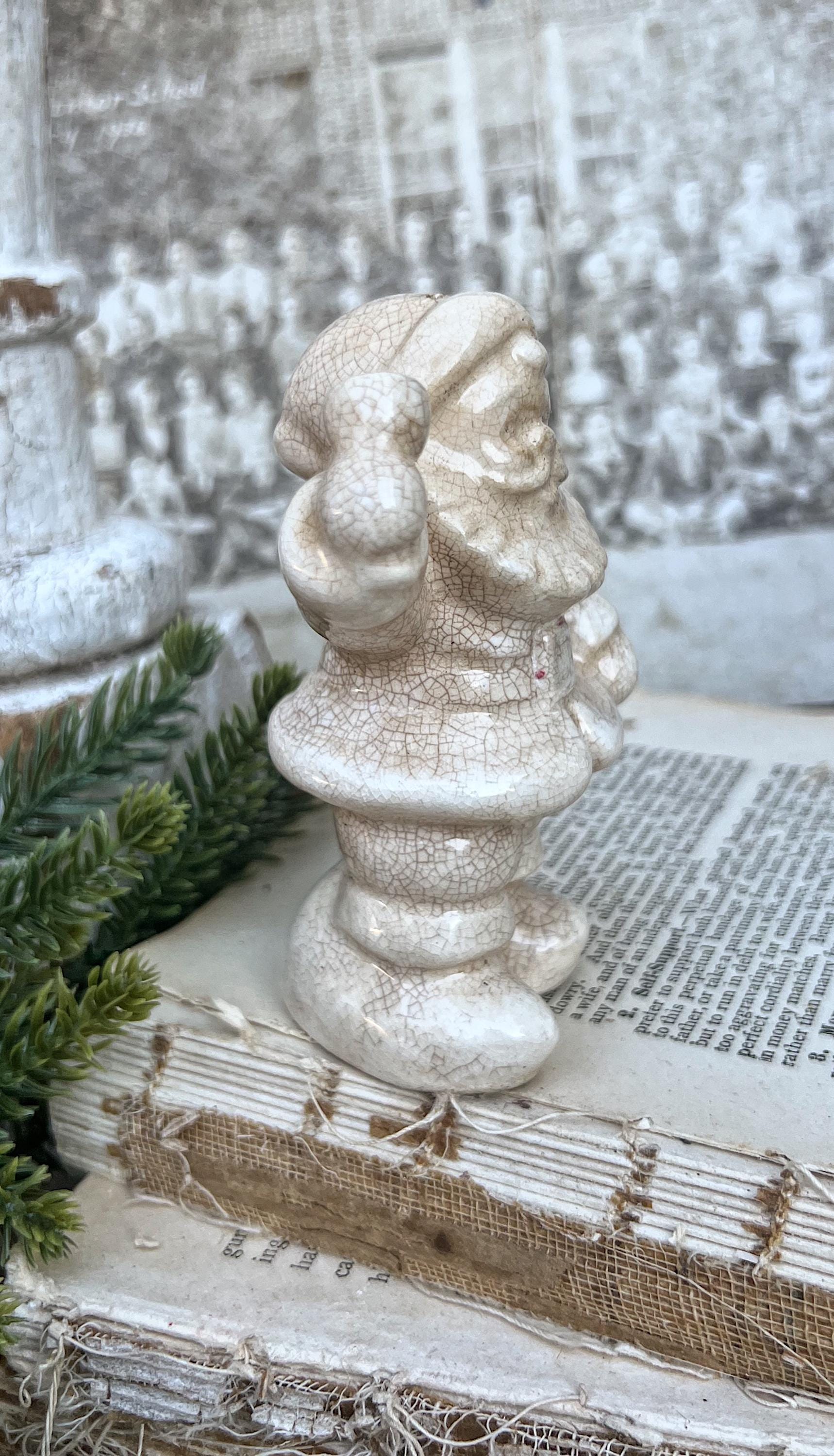 Vintage Ironstone Santa Claus Salt Shaker Creamy WHITE Farmhouse Christmas Decor Bell Stained Crazing