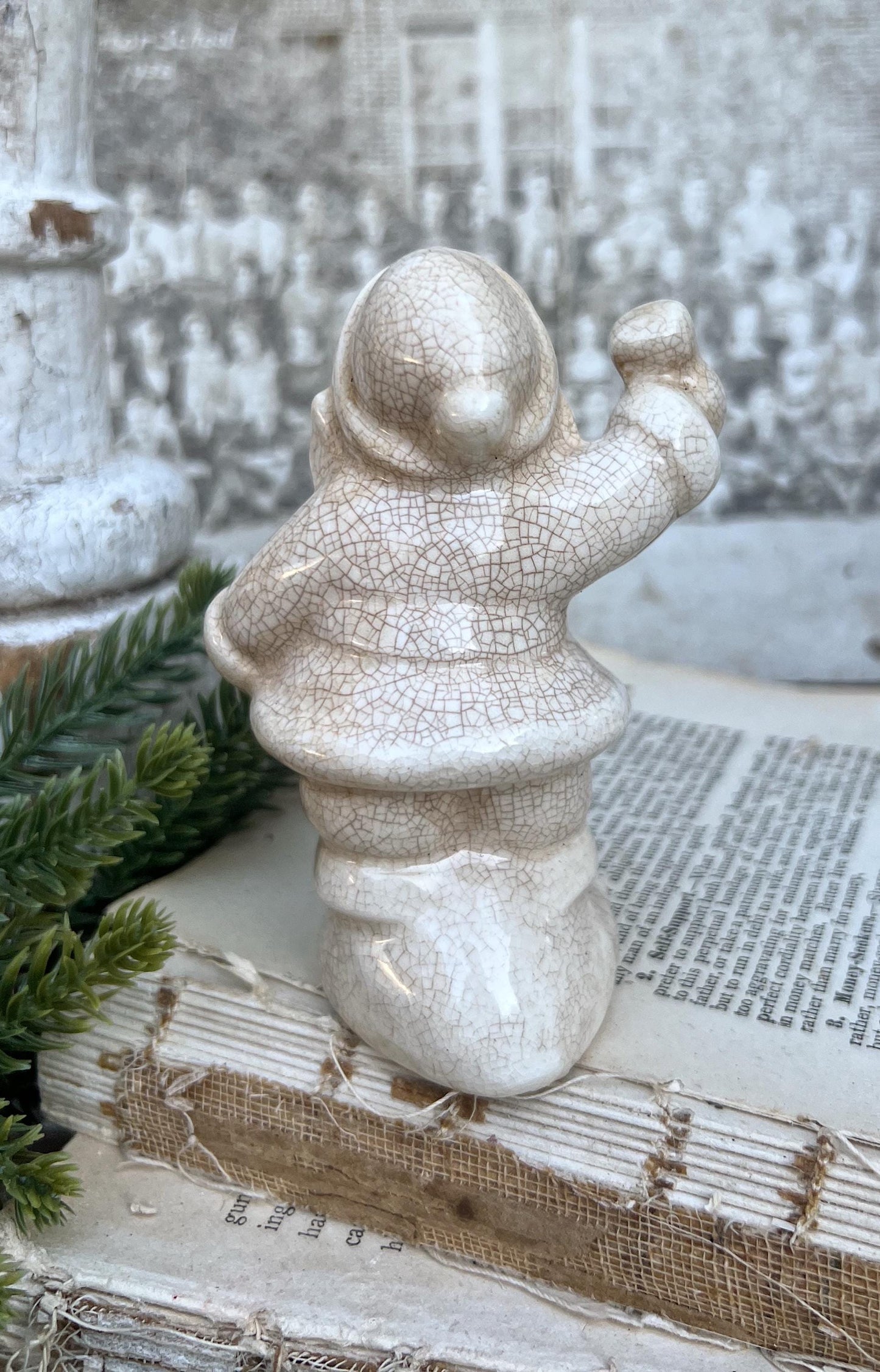Vintage Ironstone Santa Claus Salt Shaker Creamy WHITE Farmhouse Christmas Decor Bell Stained Crazing