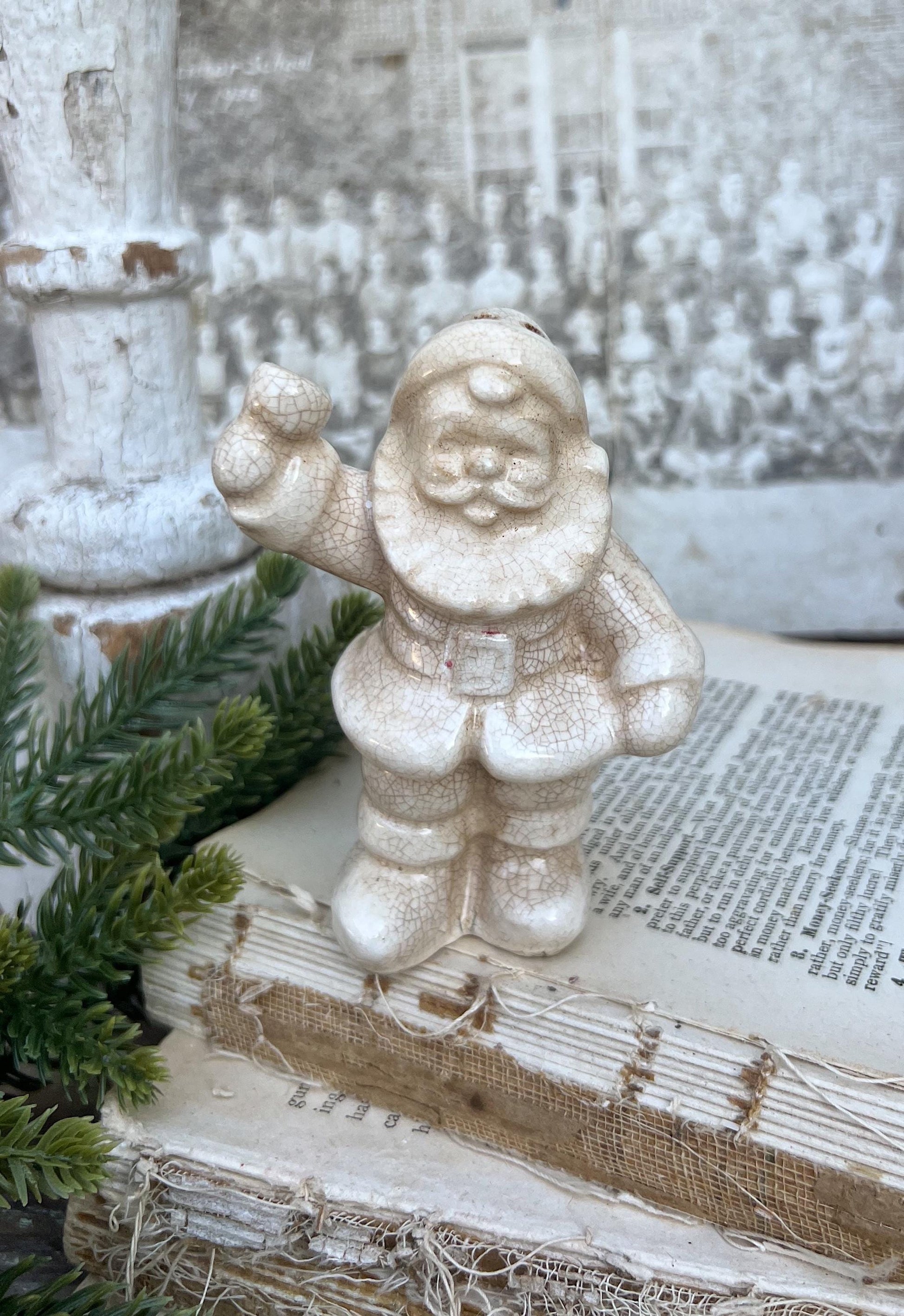 Vintage Ironstone Santa Claus Salt Shaker Creamy WHITE Farmhouse Christmas Decor Bell Stained Crazing