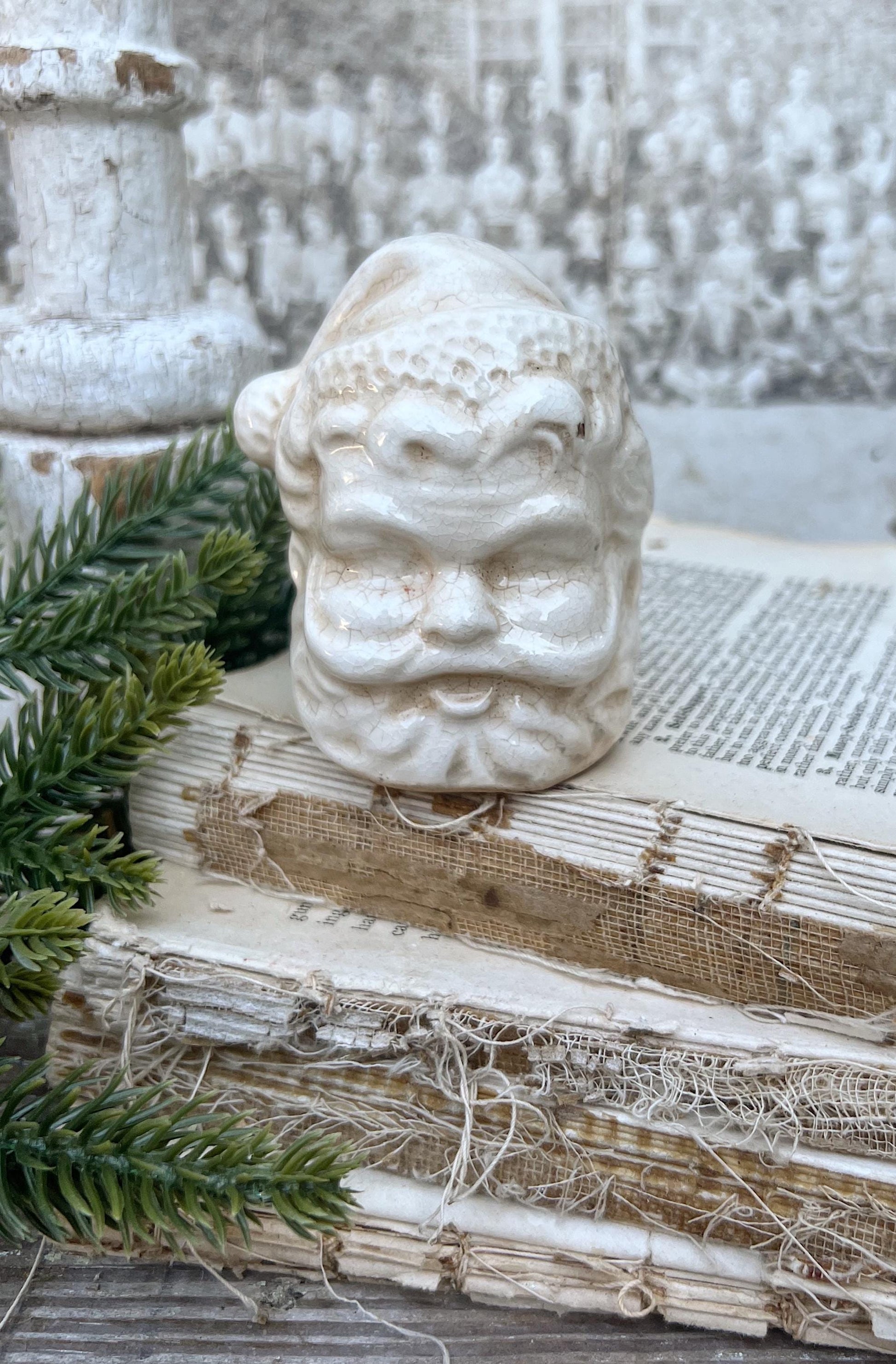 Vintage Ironstone Santa Claus Salt Shaker Creamy WHITE Crazed Stained Farmhouse Christmas Decor