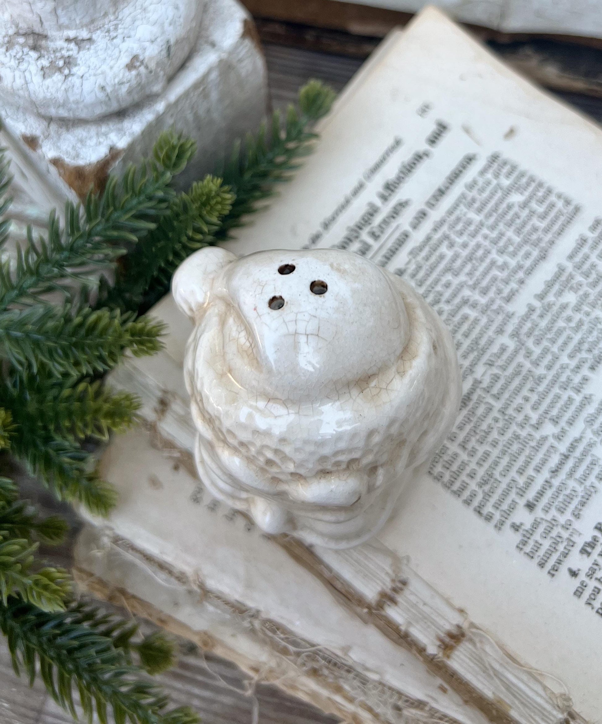 Vintage Ironstone Santa Claus Salt Shaker Creamy WHITE Crazed Stained Farmhouse Christmas Decor