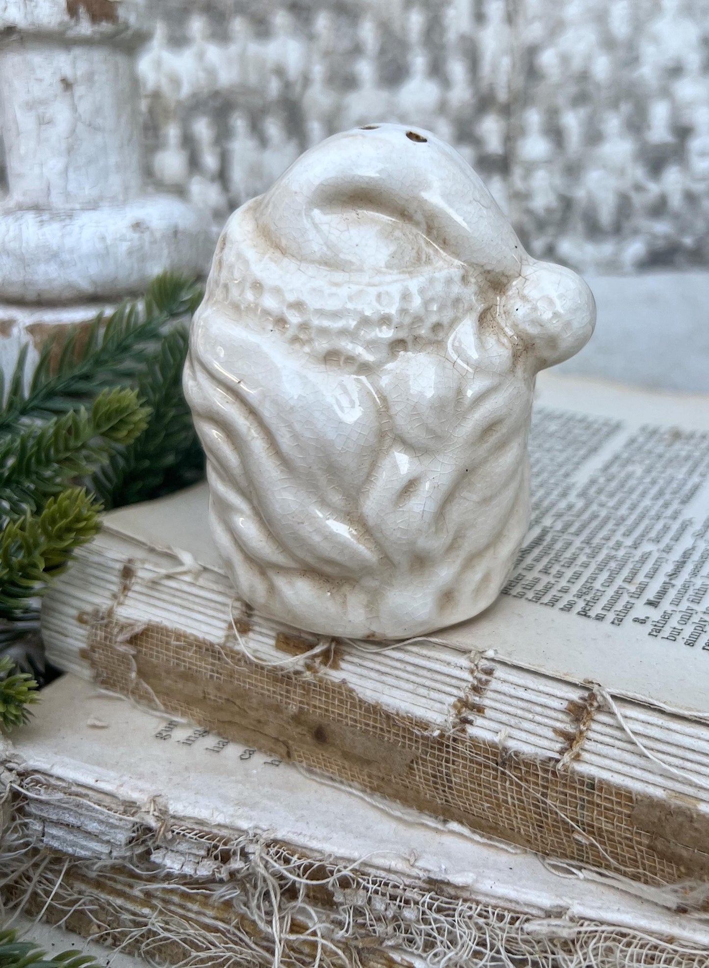 Vintage Ironstone Santa Claus Salt Shaker Creamy WHITE Crazed Stained Farmhouse Christmas Decor