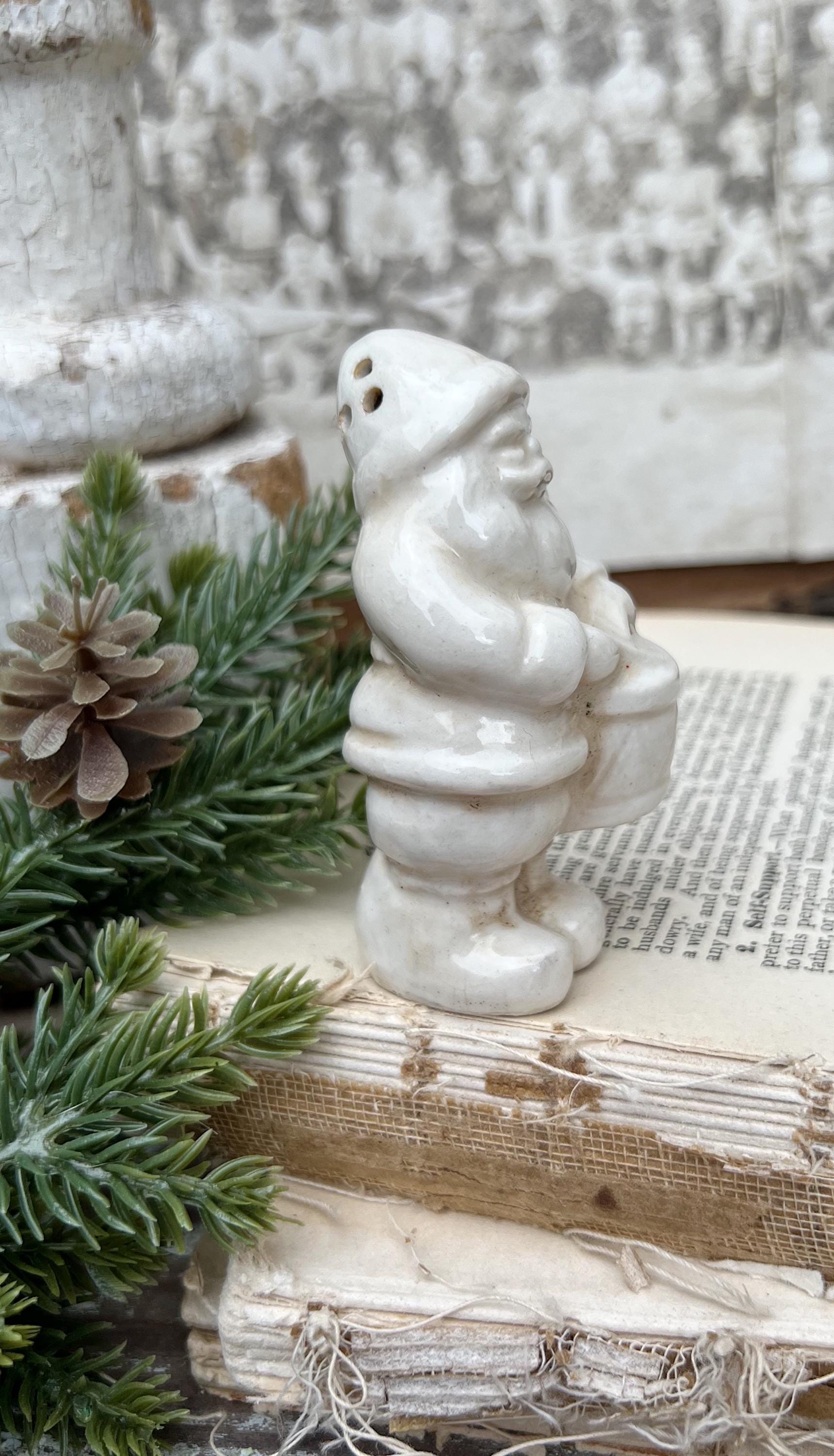 Vintage Ironstone Santa Claus Salt Shaker DRUM Creamy WHITE Farmhouse Christmas Decor Stained Crazing