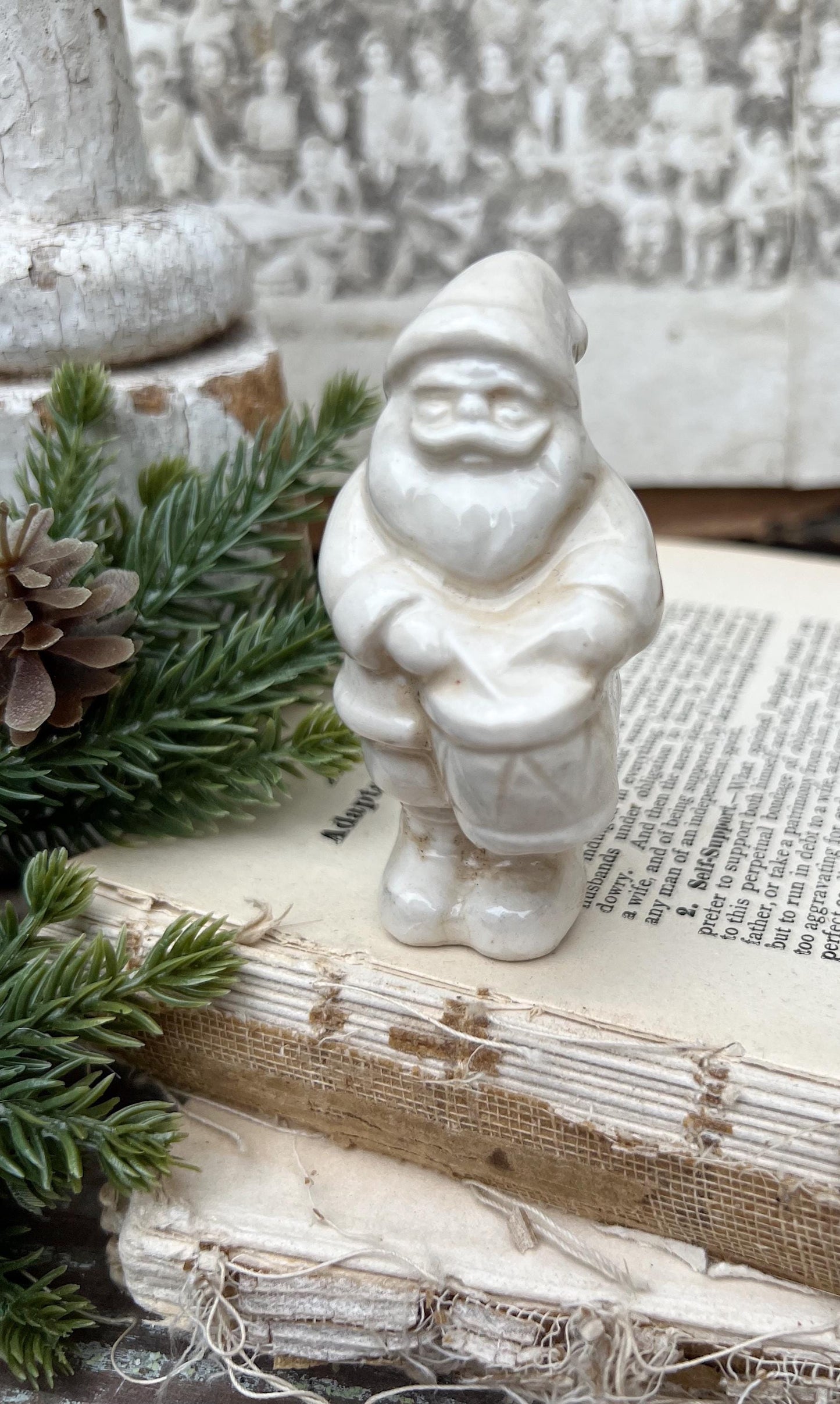Vintage Ironstone Santa Claus Salt Shaker DRUM Creamy WHITE Farmhouse Christmas Decor Stained Crazing