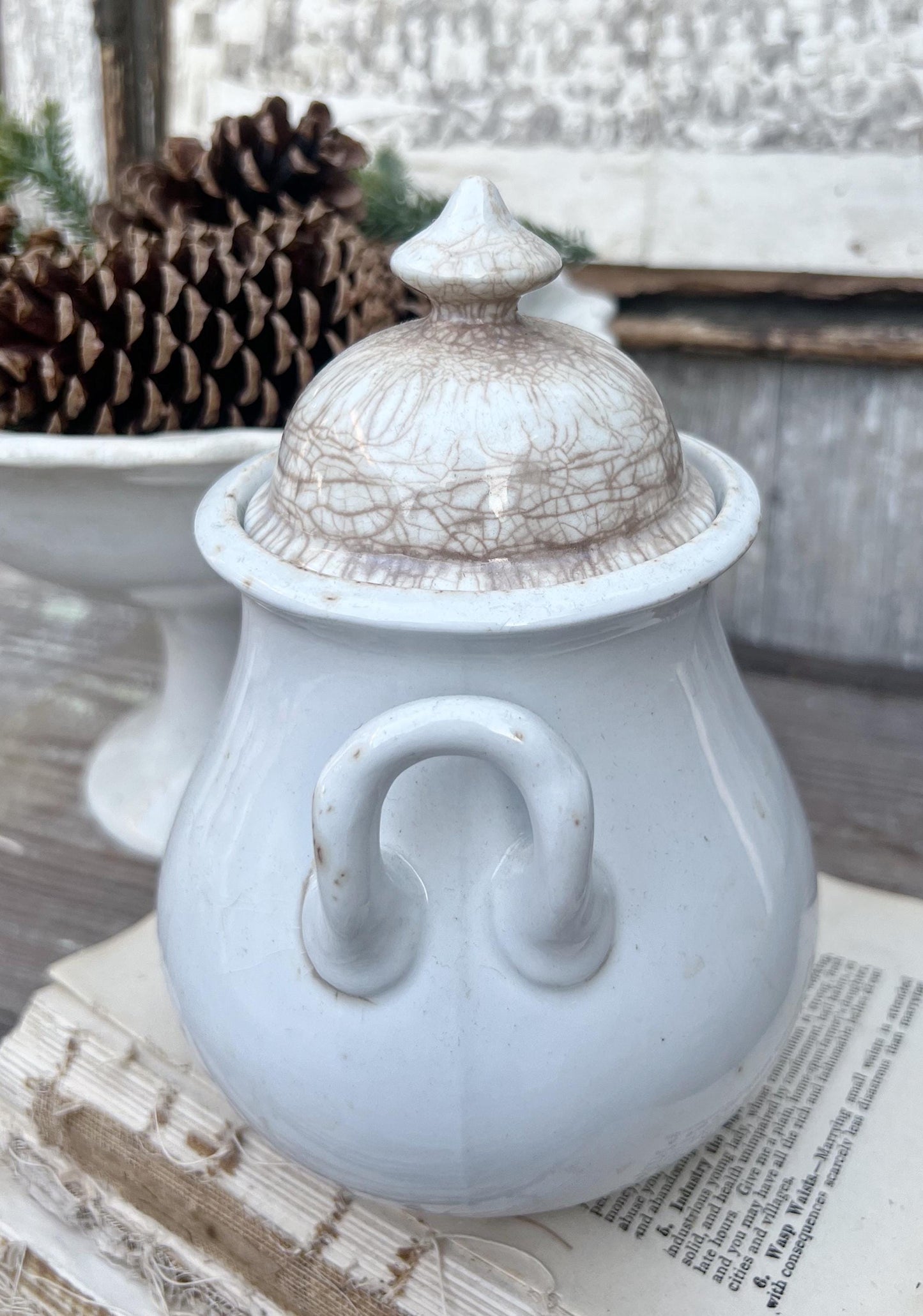 Antique White Ironstone Sugar Bowl Biscuit Jar With Lid Royal Stoneware WEDGEWOOD England Farmhouse Decor English Ironstone Crazed Stained