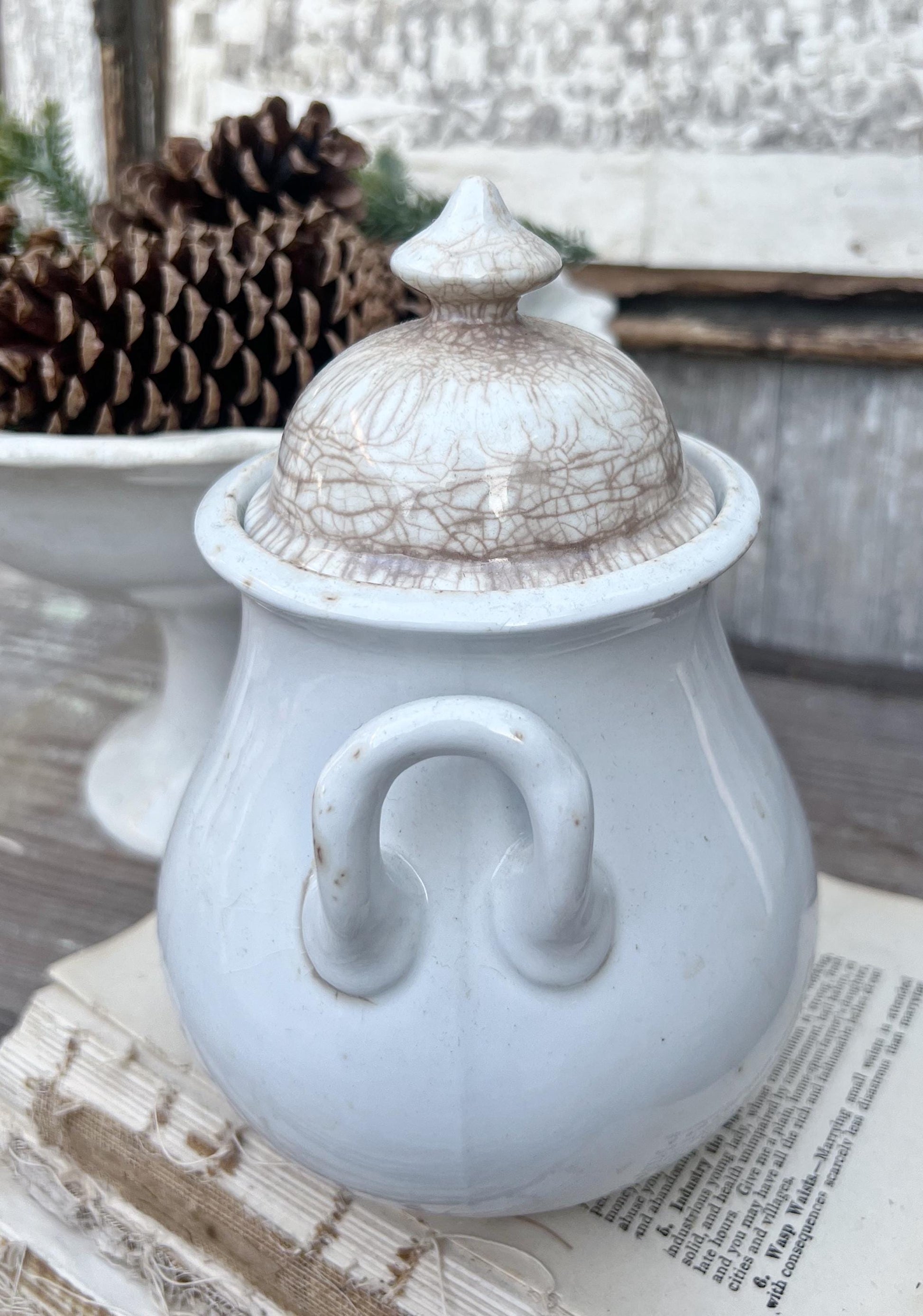 Antique White Ironstone Sugar Bowl Biscuit Jar With Lid Royal Stoneware WEDGEWOOD England Farmhouse Decor English Ironstone Crazed Stained