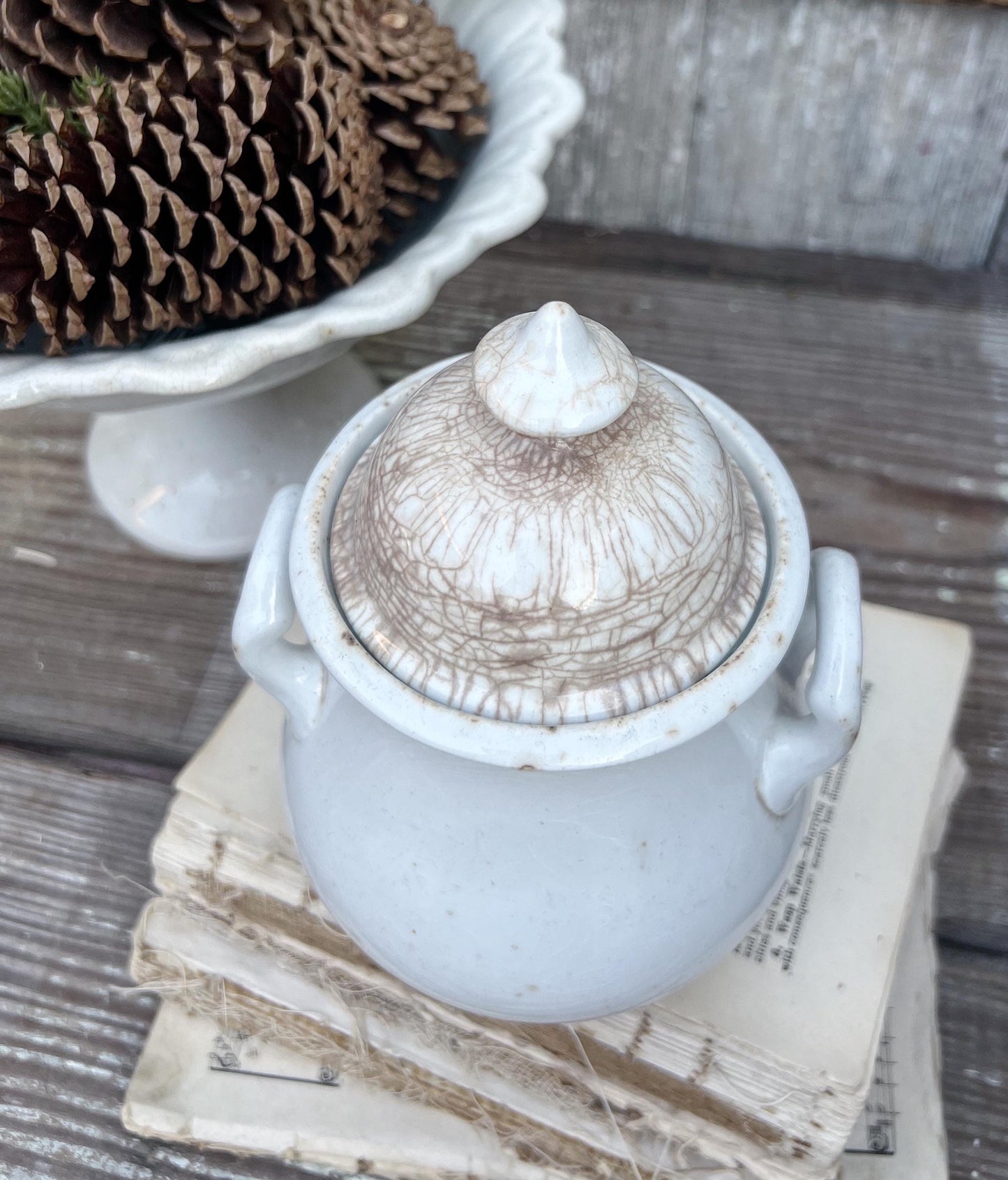 Antique White Ironstone Sugar Bowl Biscuit Jar With Lid Royal Stoneware WEDGEWOOD England Farmhouse Decor English Ironstone Crazed Stained